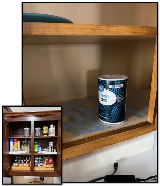 The only condiment in the kitchen was a nearly empty container of salt. By comparison, the inset shows just one of the kitchen cabinets of the rental we ended up moving into.