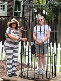 My sister in the bird cage for driving