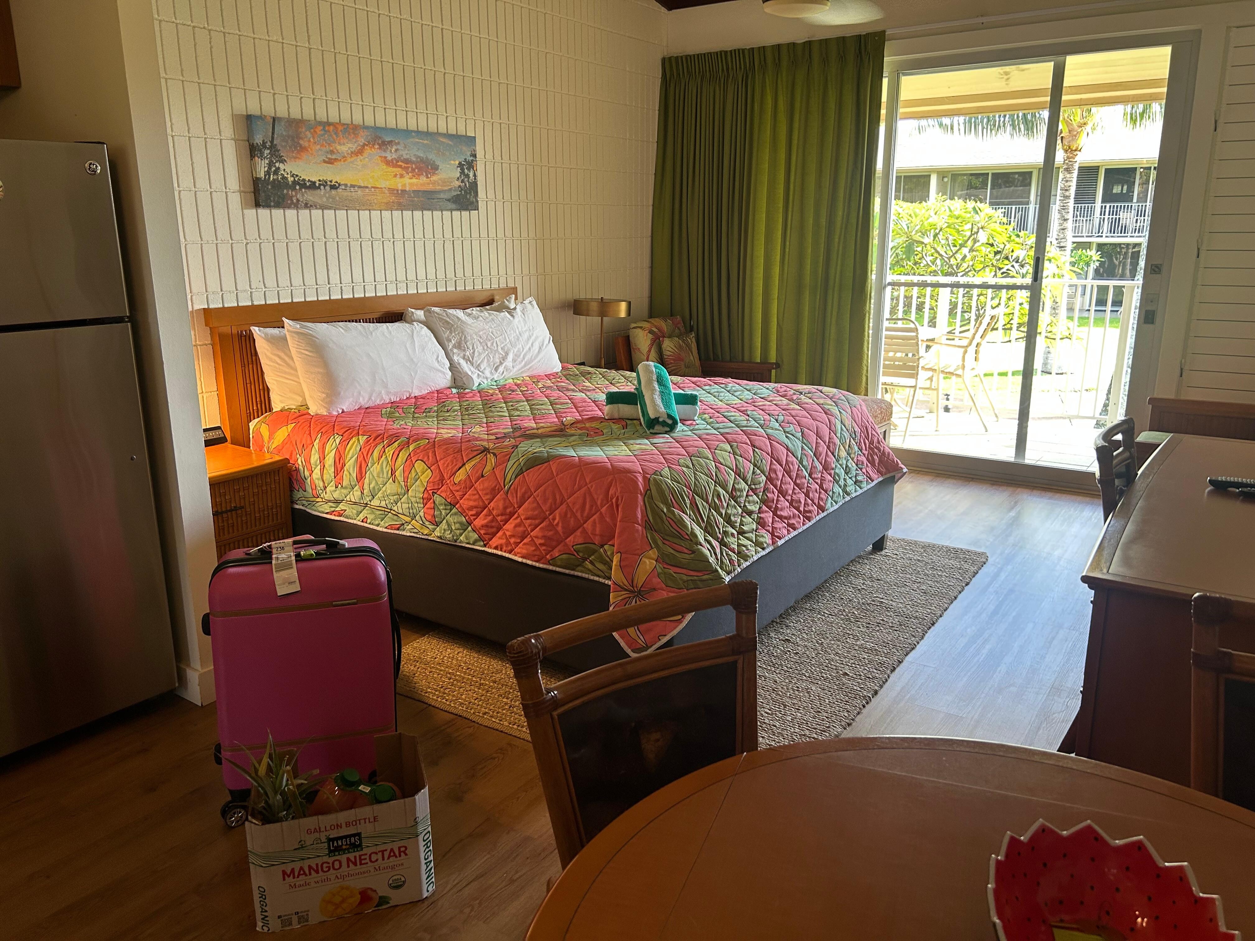 Comfortable bed and living area 
