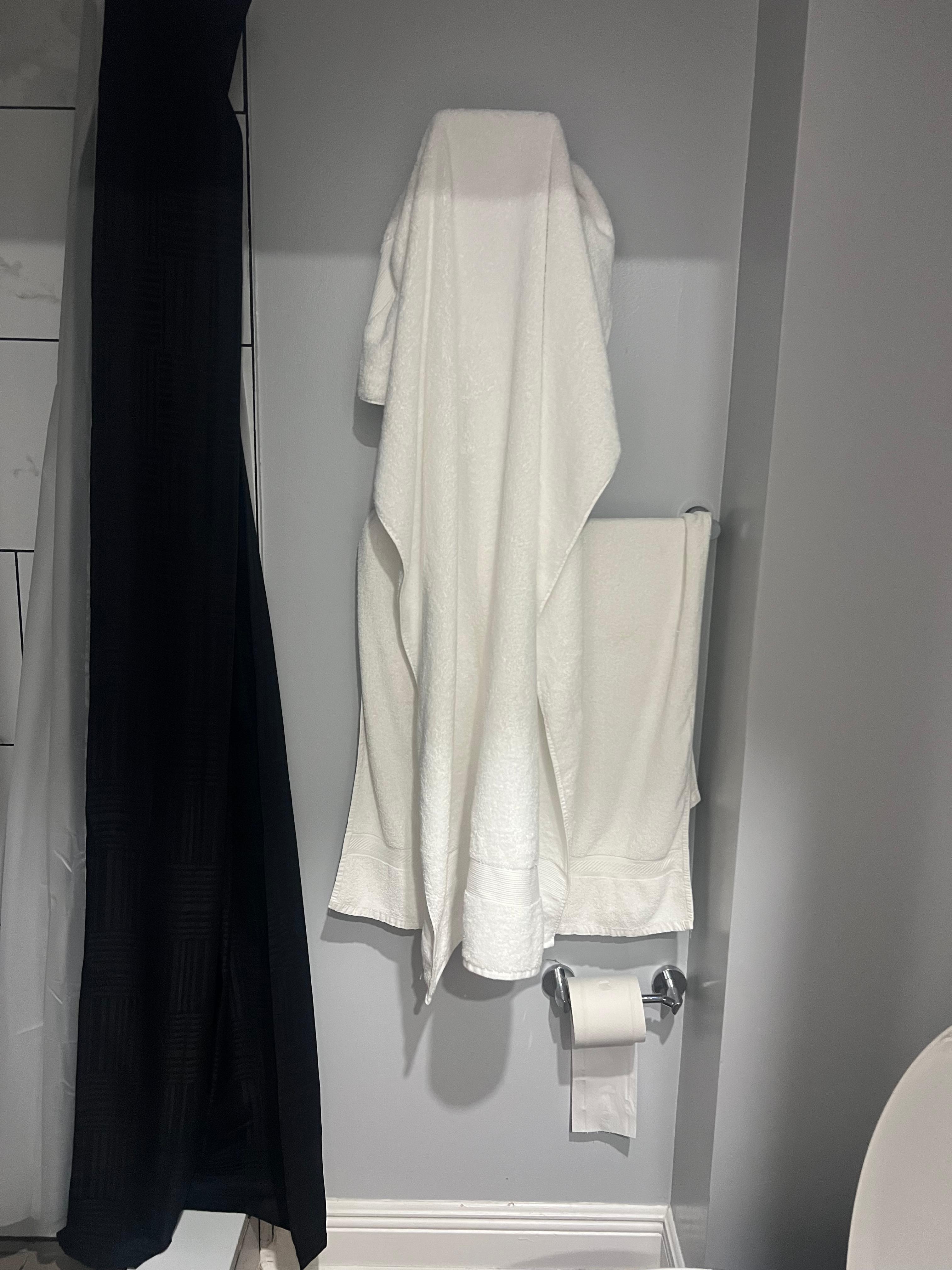 The bathroom in the one bedroom with the towels not changed. 