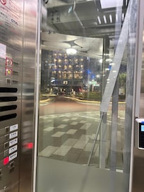 Inside the elevator you can see the hotel building