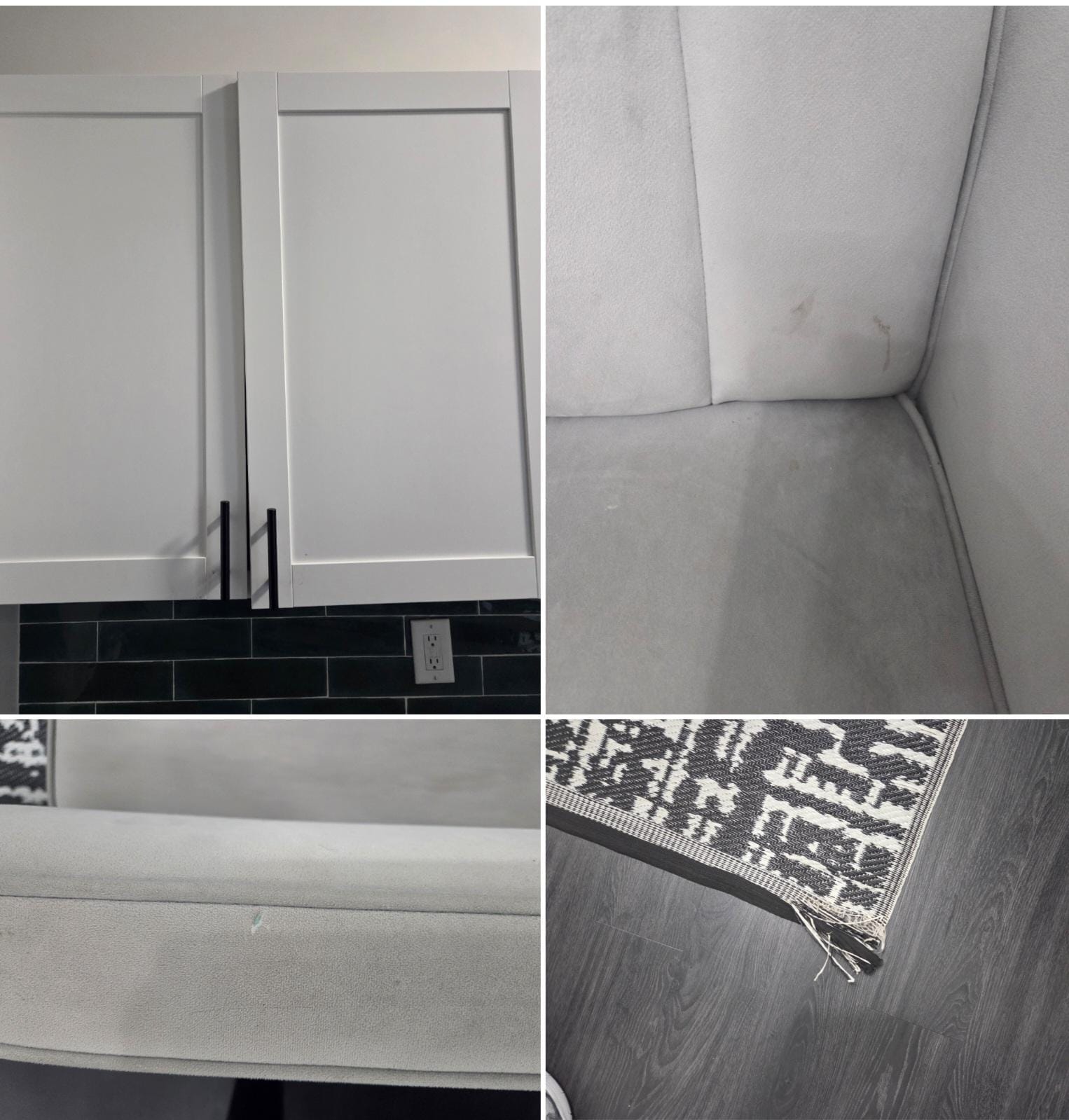 Off the hinge cabinet. Stains and tears on couch and the rug was ripped.