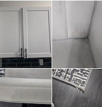 Off the hinge cabinet. Stains and tears on couch and the rug was ripped.