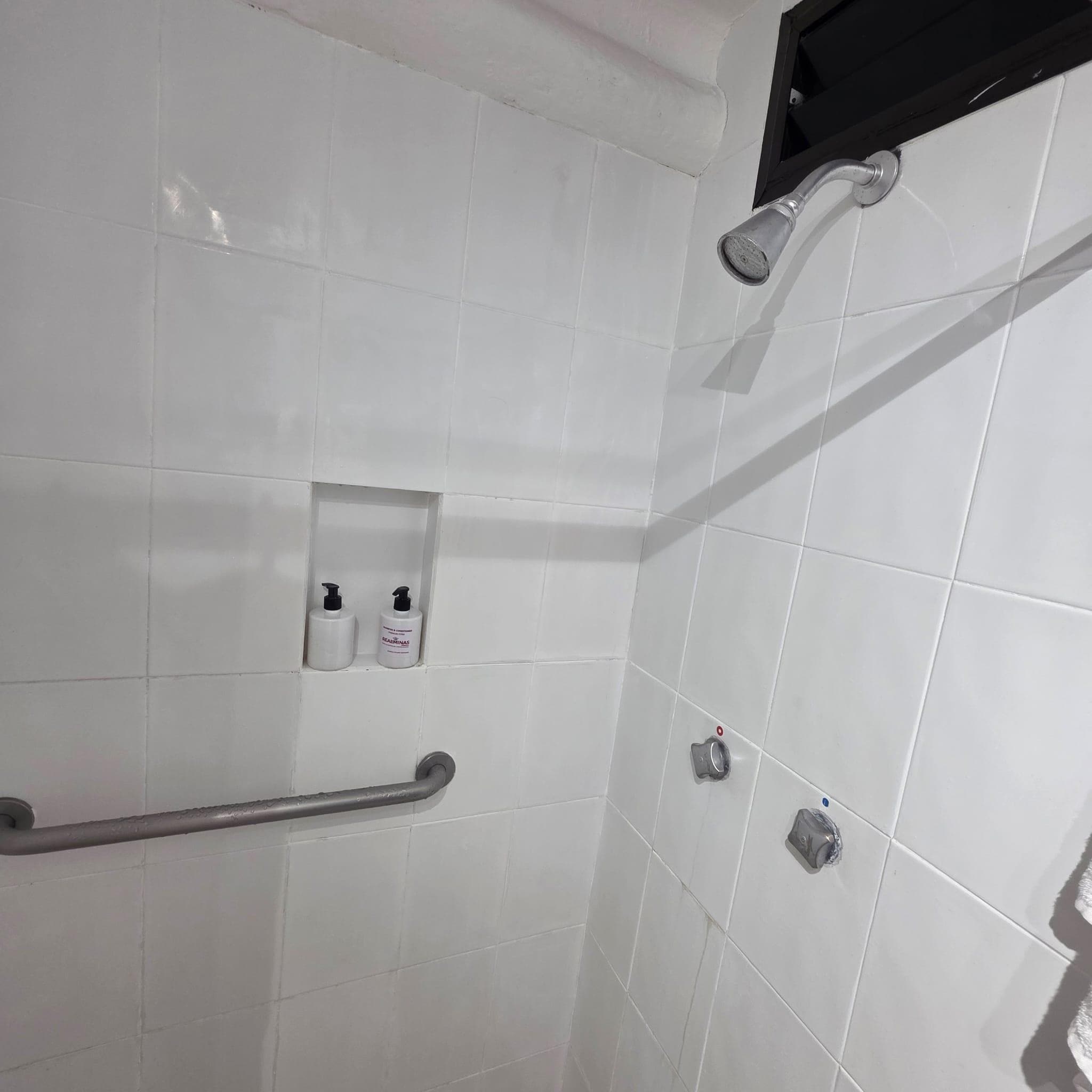 Dated Shower finishes, handles and shower head.