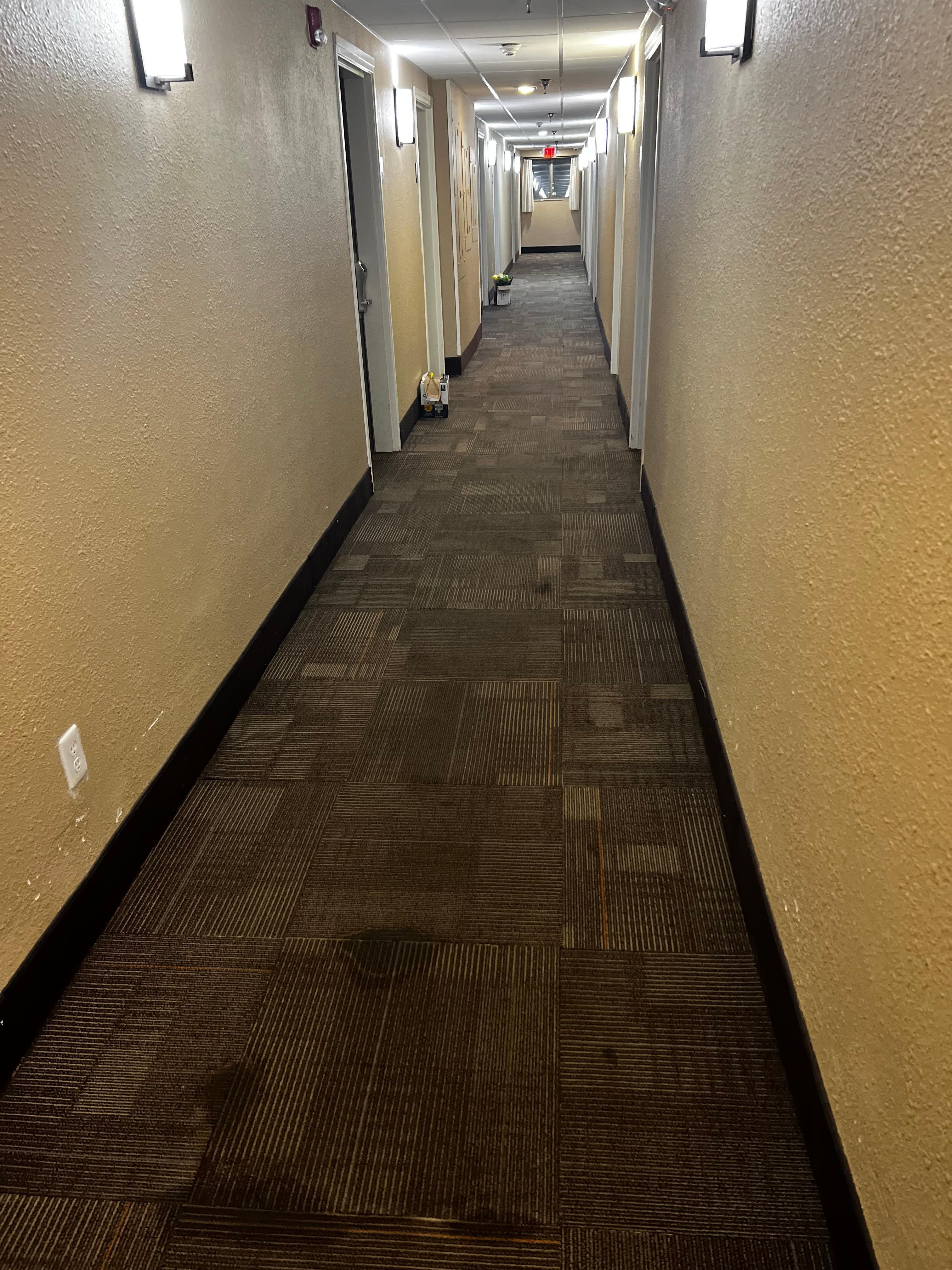 Hallway right outside our room with stained floor and beer in the hallway