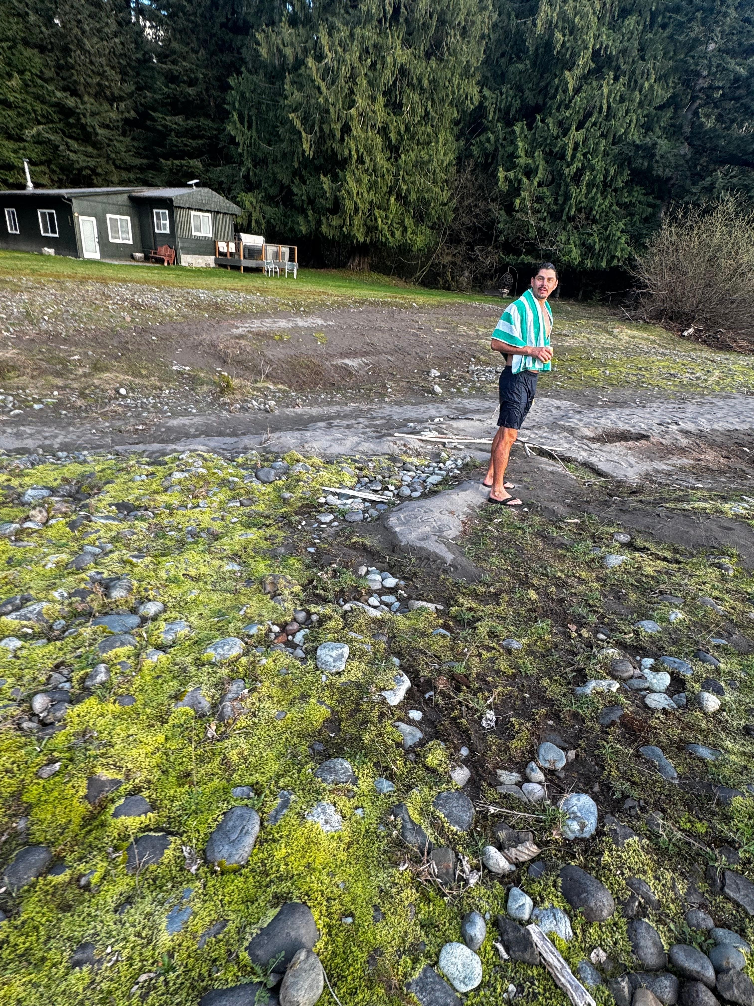 After cold plunge in our backyard river. 