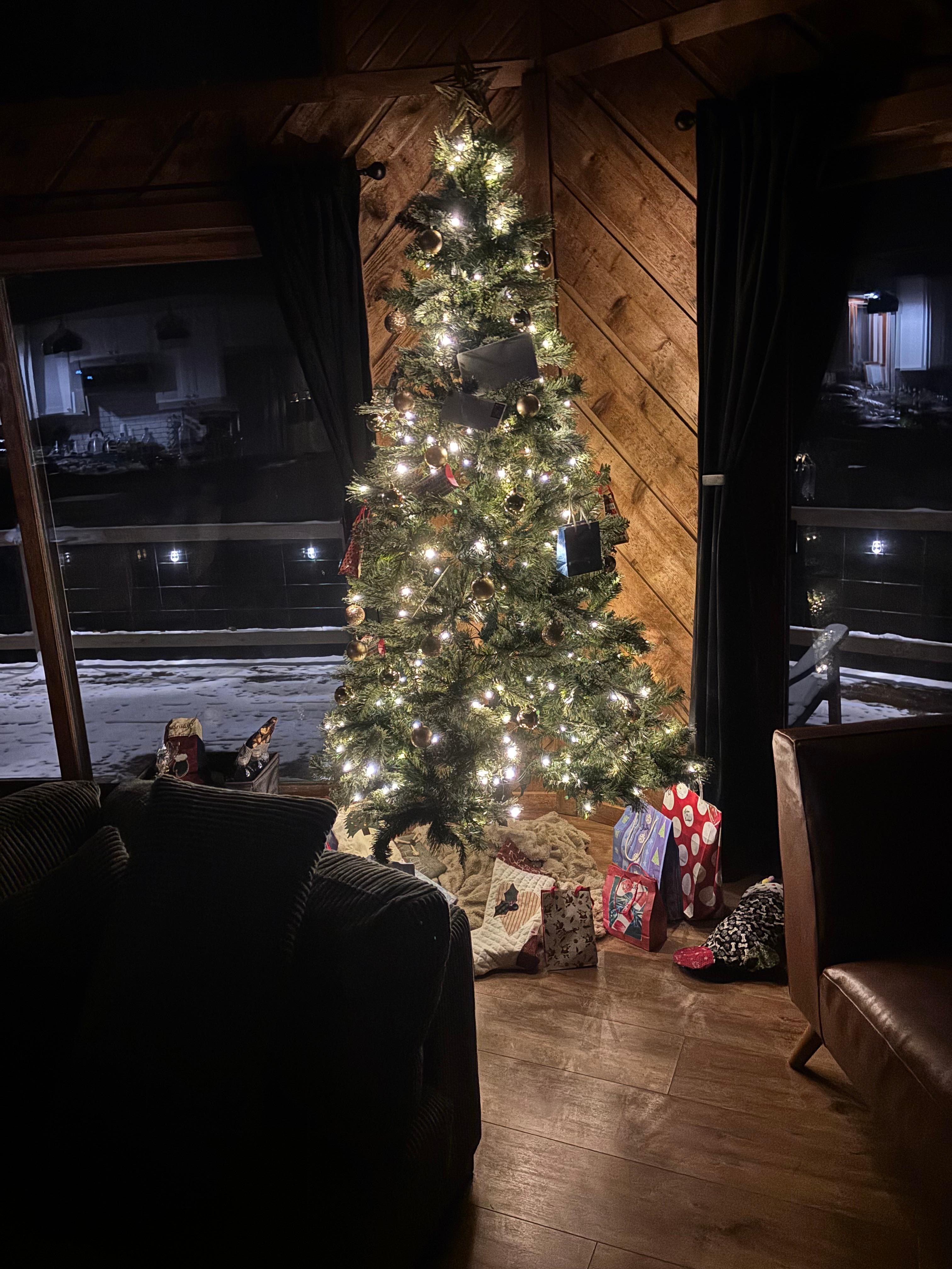 Chalet’s Christmas tree we put gifts around. 