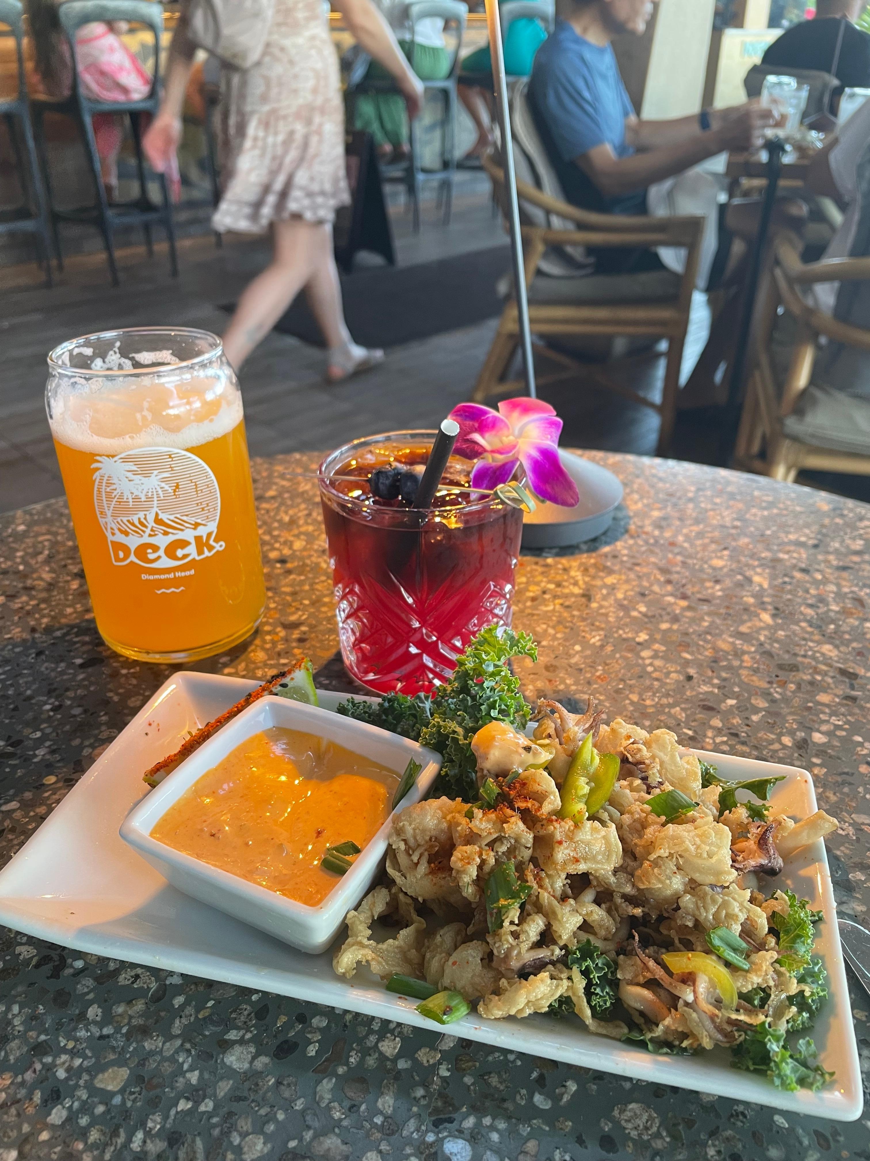 Calamari Fritti, Howzit Hazy IPA, Not Your Average Mai Tai. Yum!