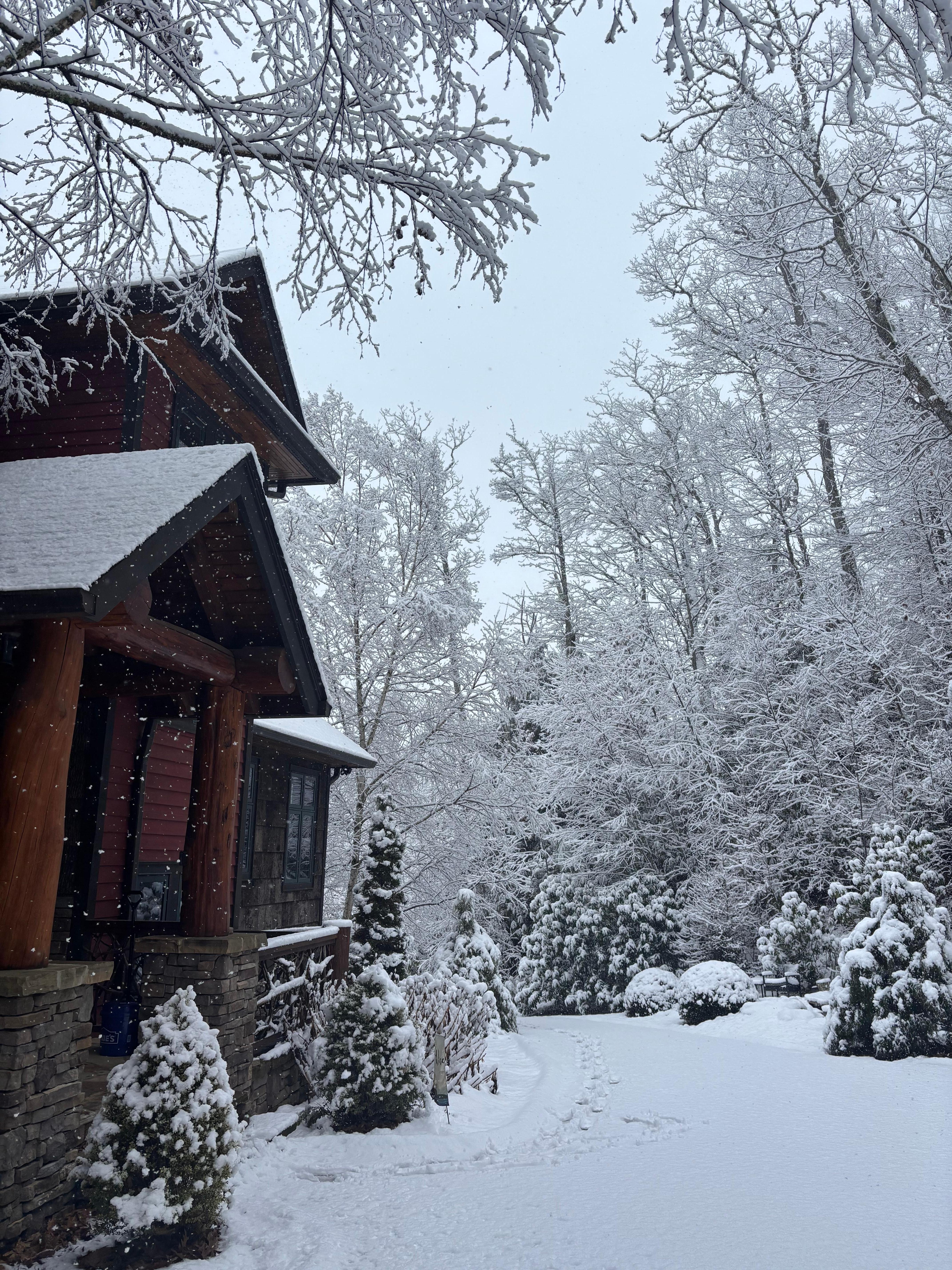 We got a LOT of snow. 6+ inches and had a driveway 100 ft long to hand shovel with 3 wonderful shovels. It was good exercise but not for the faint hearted. So beautiful and snuggly inside. (although there is NO wood provided for the fireplace!!!)