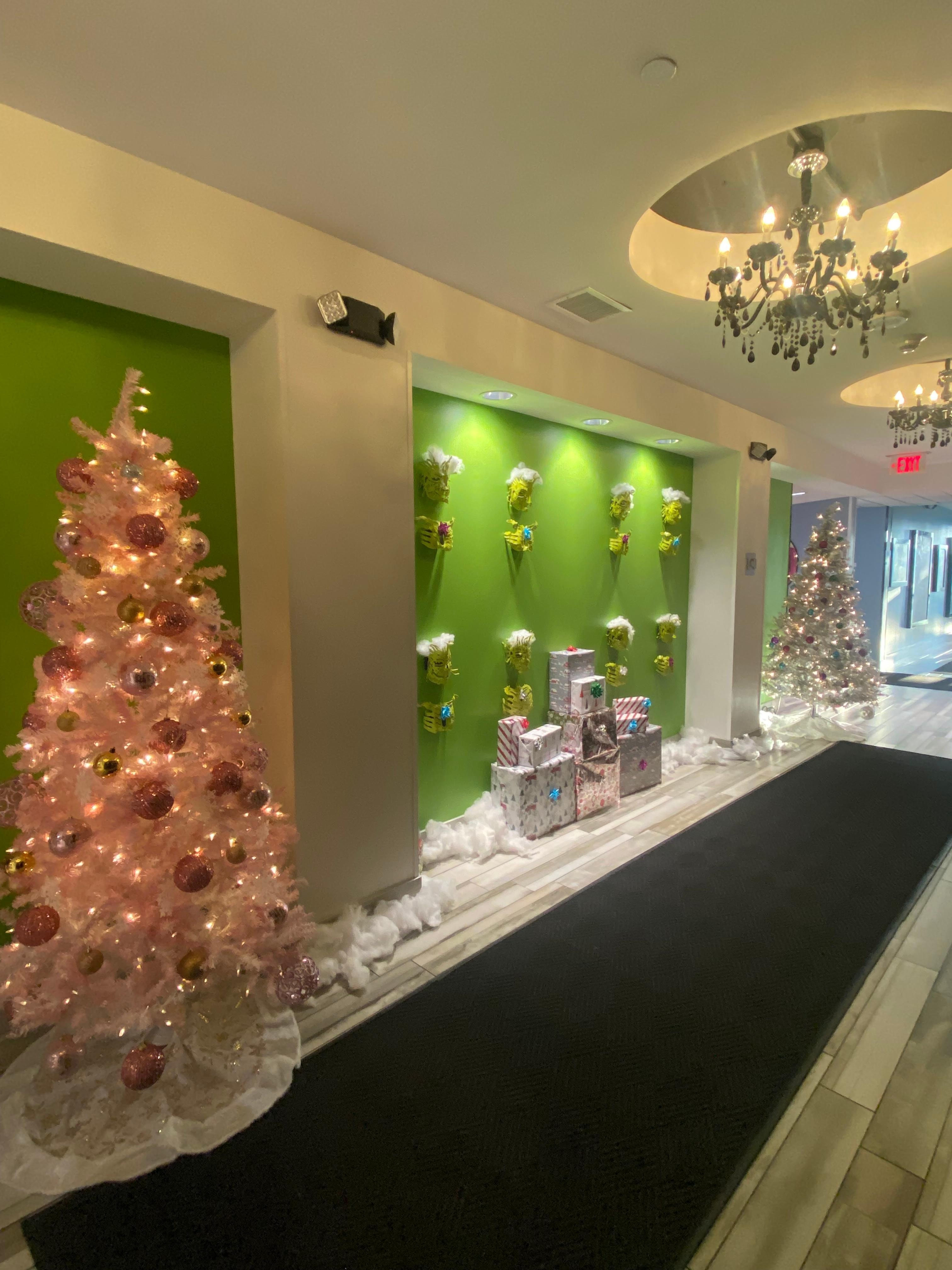Christmas decor by the elevators. 