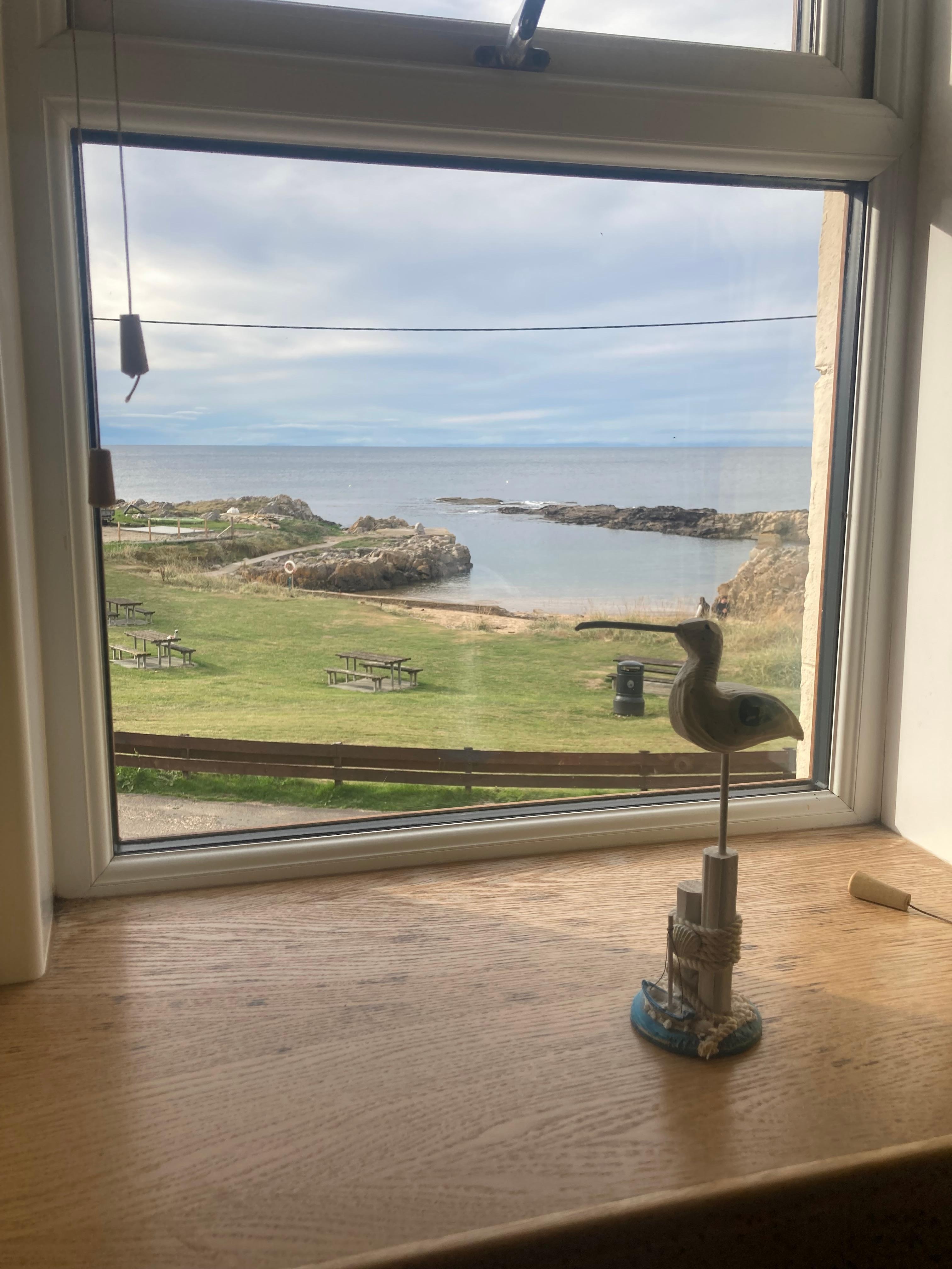 The view from the main bedroom. The little bird is a very apt ornament because, excitingly, there are curlews on the beach!