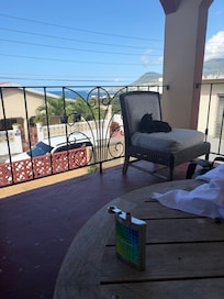 Patio view with the local cat he will come and say hello often, he’s very nice! He will try to come inside but you can pick him up and put him back out haha