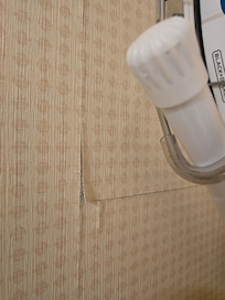 Wallpaper is peeling, and mold behind it