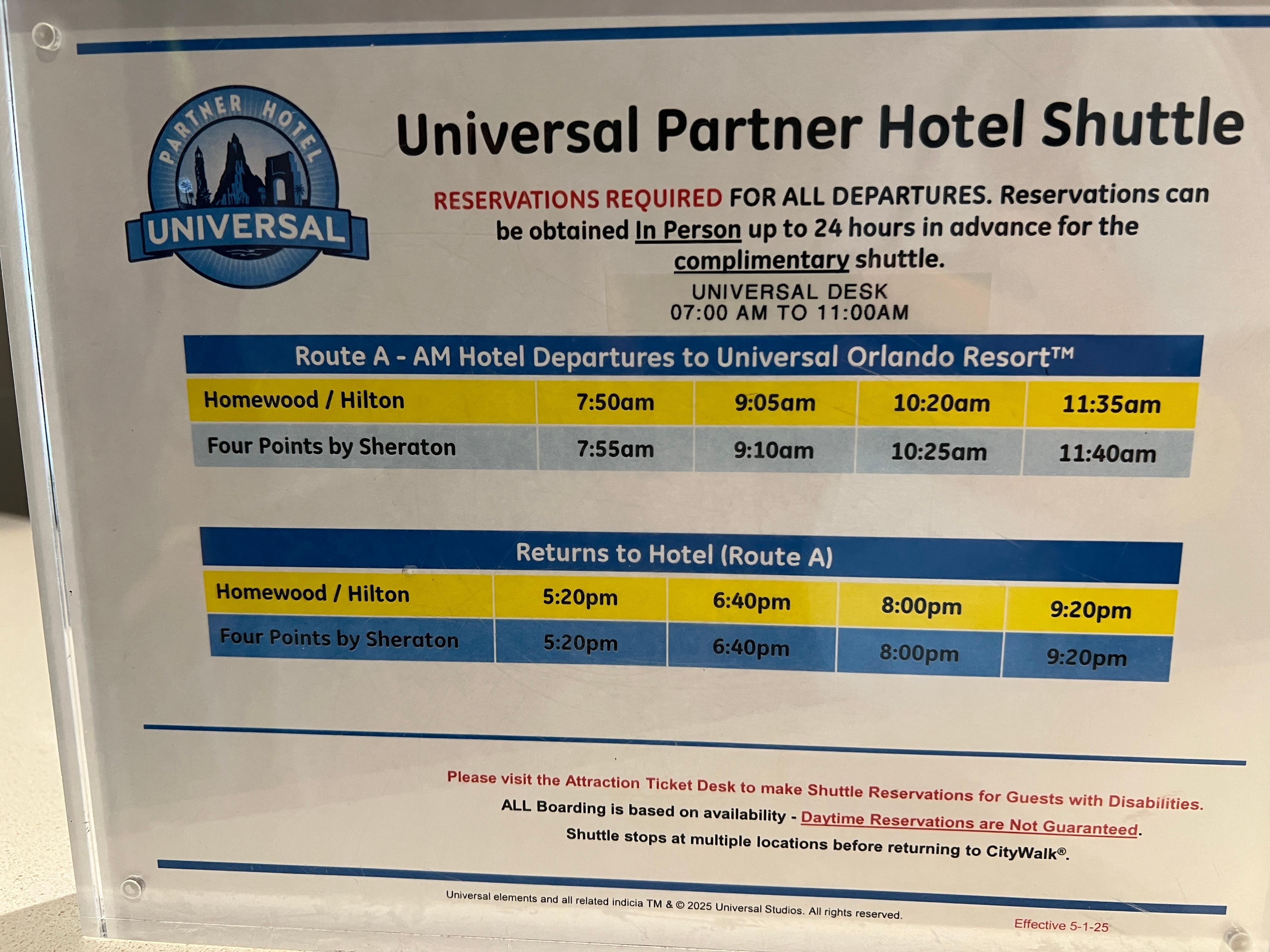 Horaires de la navette vers et depuis le City Walk (parc Universal Studio, parc Island of Adventure et parc Volcano Bay via un second bus ensuite).
Octobre 2025