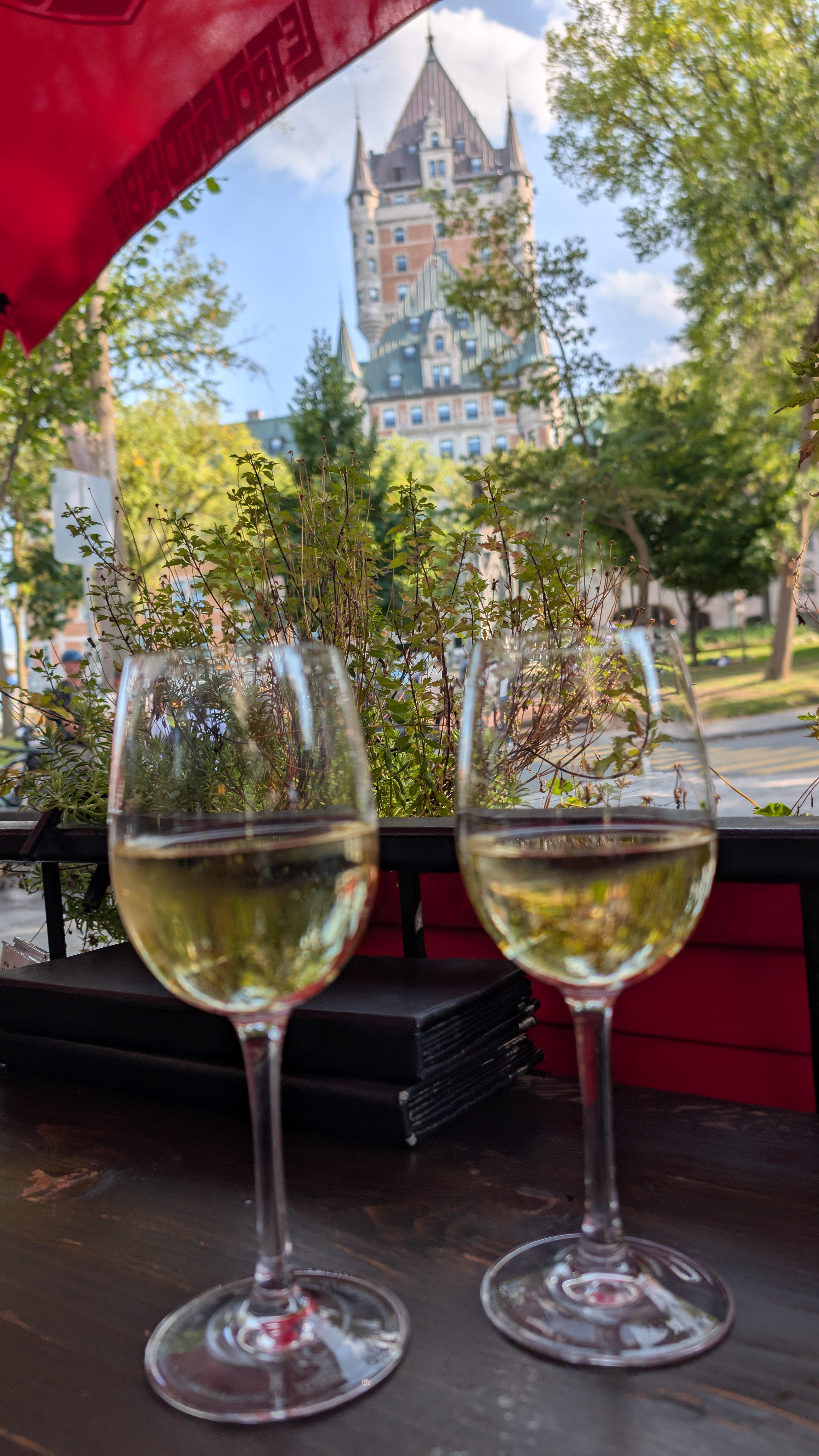 Having a chardonnay at 1640 Bistro next door to Hotel Manoir Morgan. Overlooking the Chateau Frontenac in Quebec City