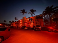 Nightime view of condos