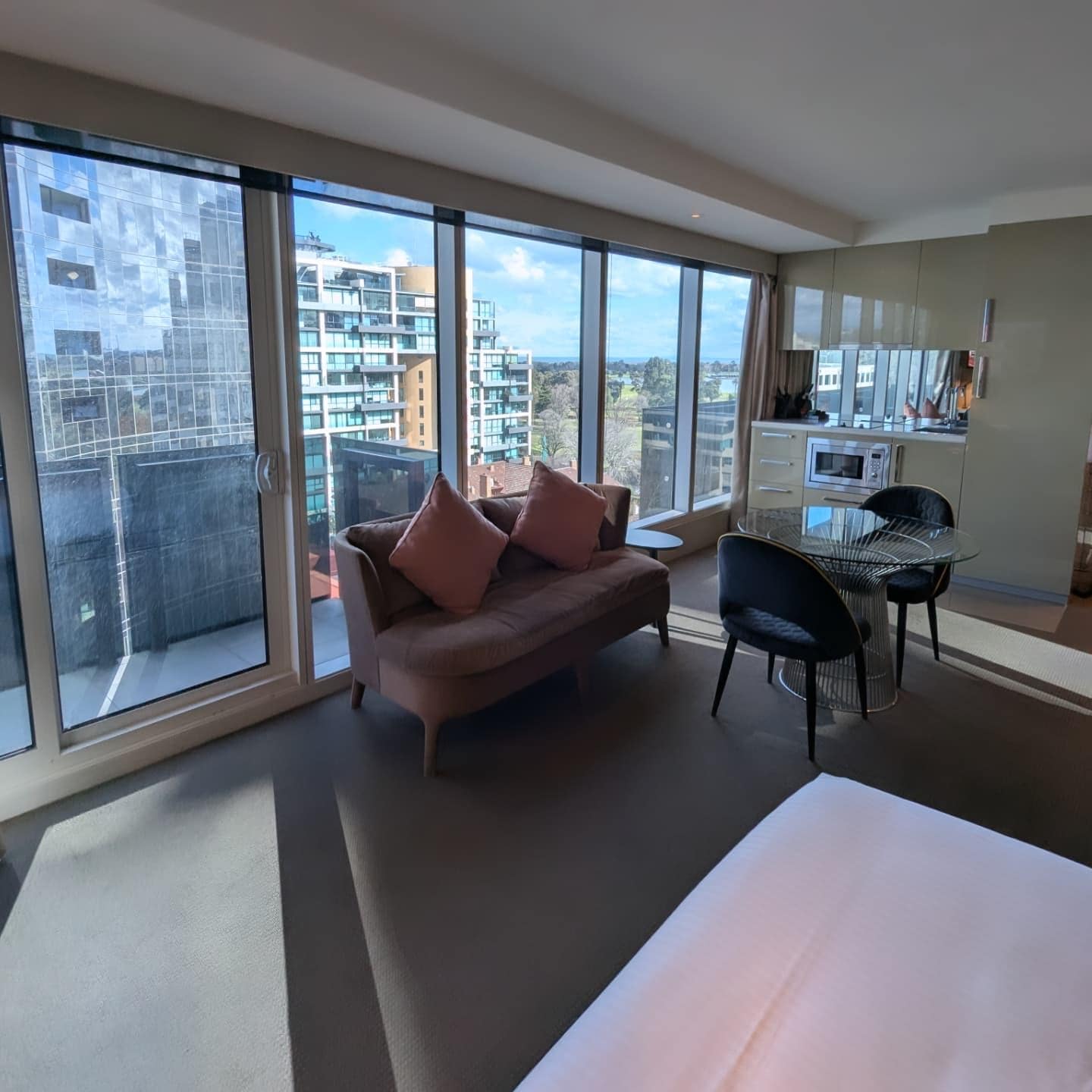 Living area, kitchen with outdoor terrace 