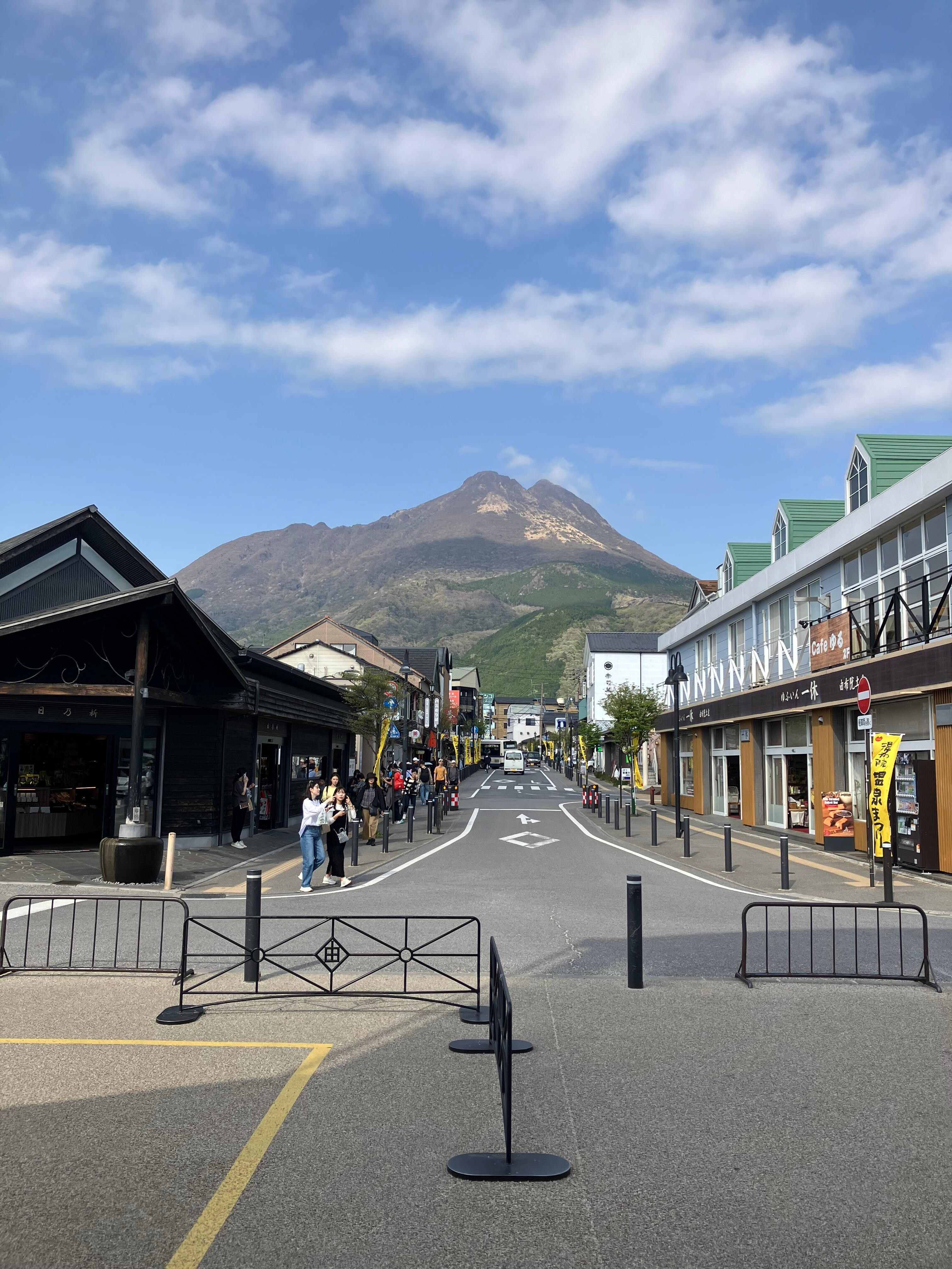 Beautiful view of Mt Yufuin from Yufuin station. Gems, as you can see, is just on the left. 