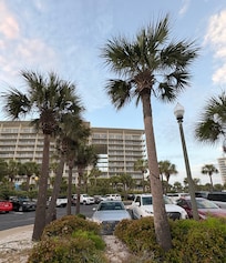 view of balcony from across the parking lot