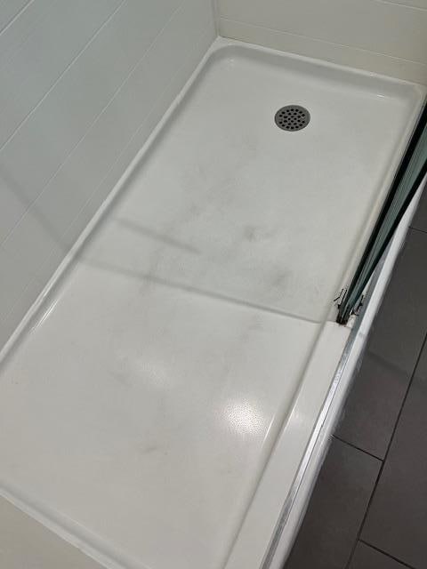 Shower floor was quite dirty looking. I placed a towel on the shower floor to stand on while I showered. The shower had phenomenal water pressure, however.