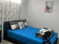 Comfortable bed, heater and desk if you have to work