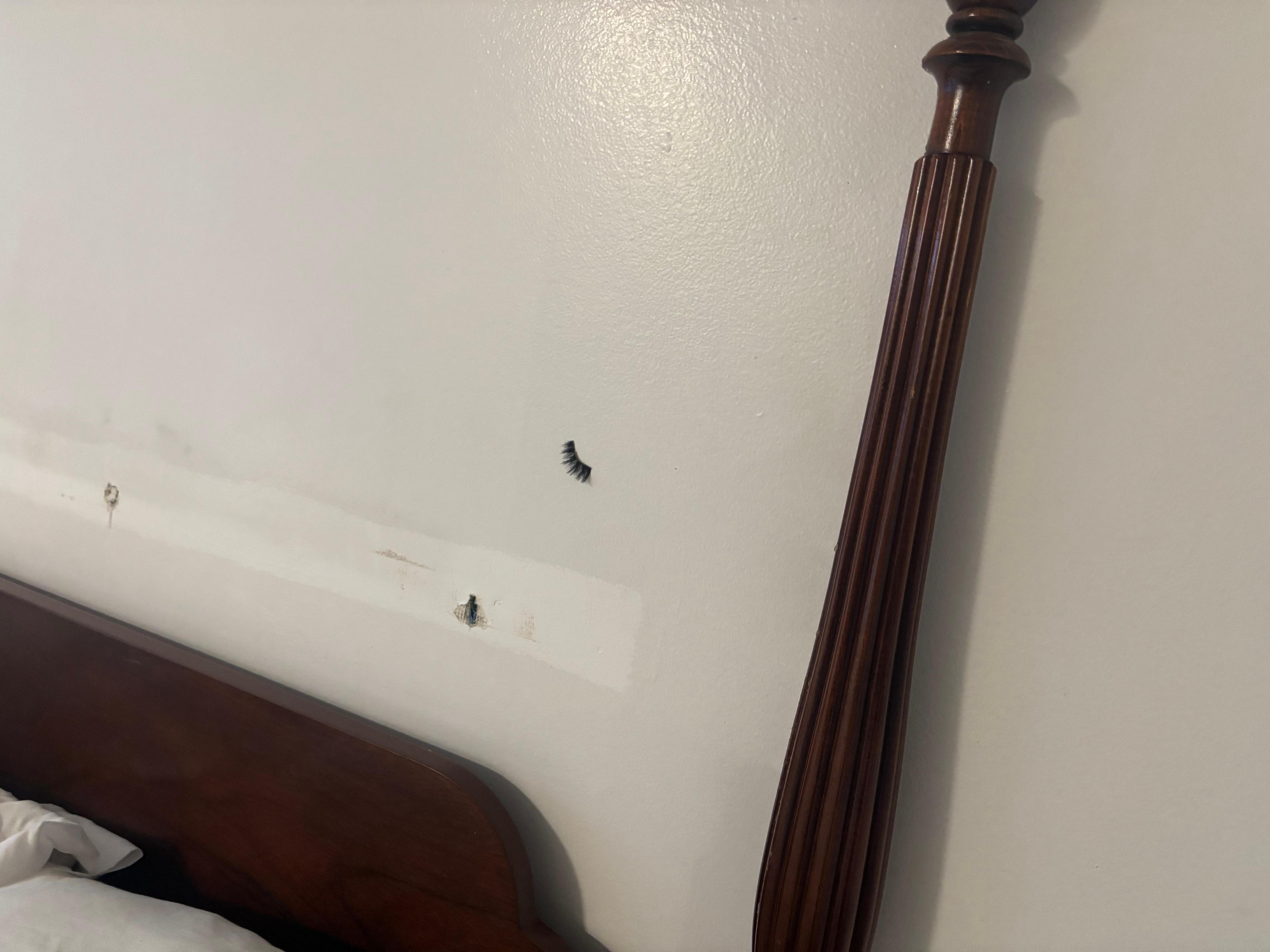 If you expand this picture, you’ll see the fake eyelash still stuck on the wall and all the damage to the wall I could give many other pictures if needed