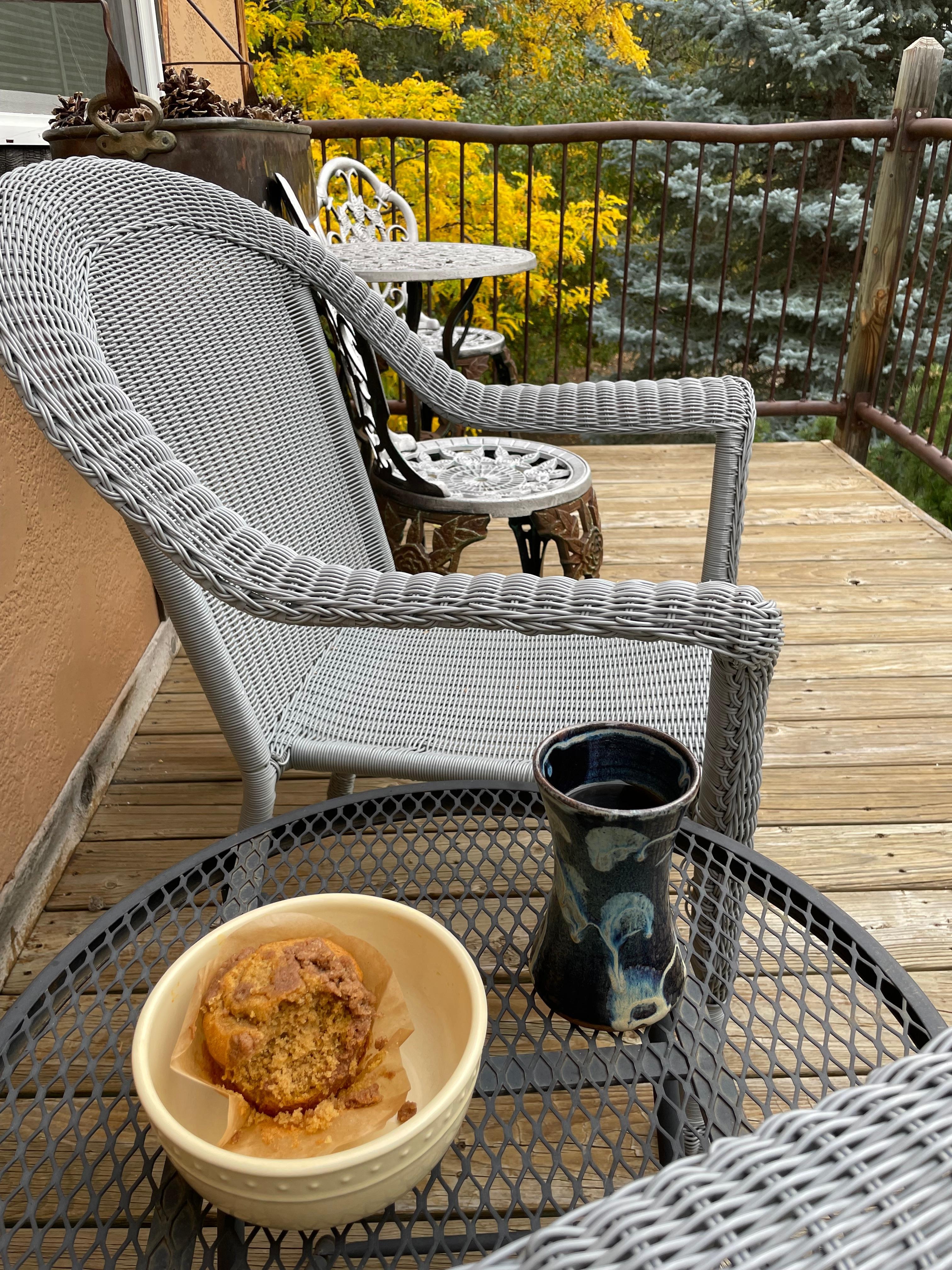 Morning coffee on balcony. 