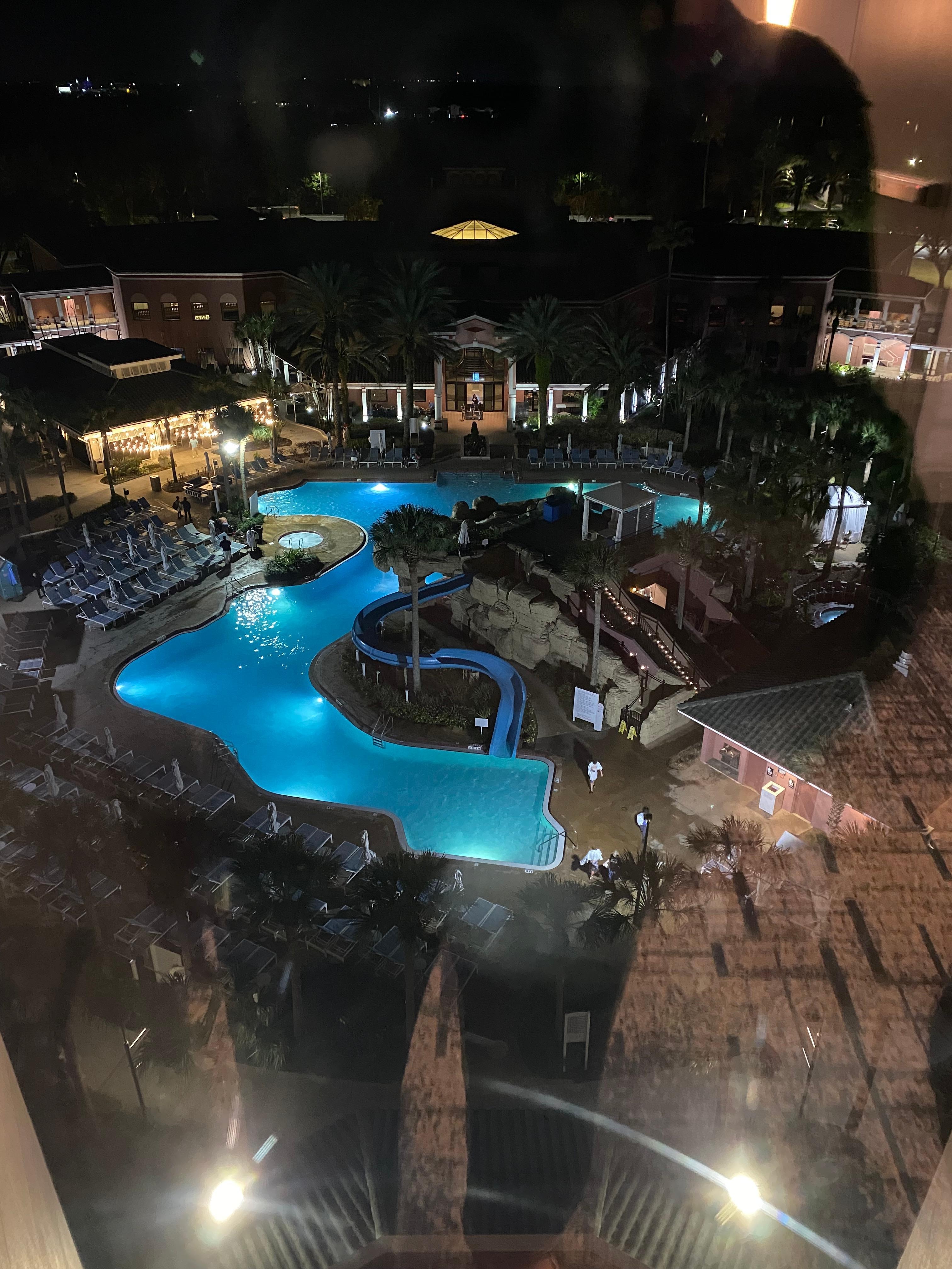 View from the 10th floor of one of the pool areas—lit up at night, but photos just can’t capture the full magic of Caribe Royale Orlando.