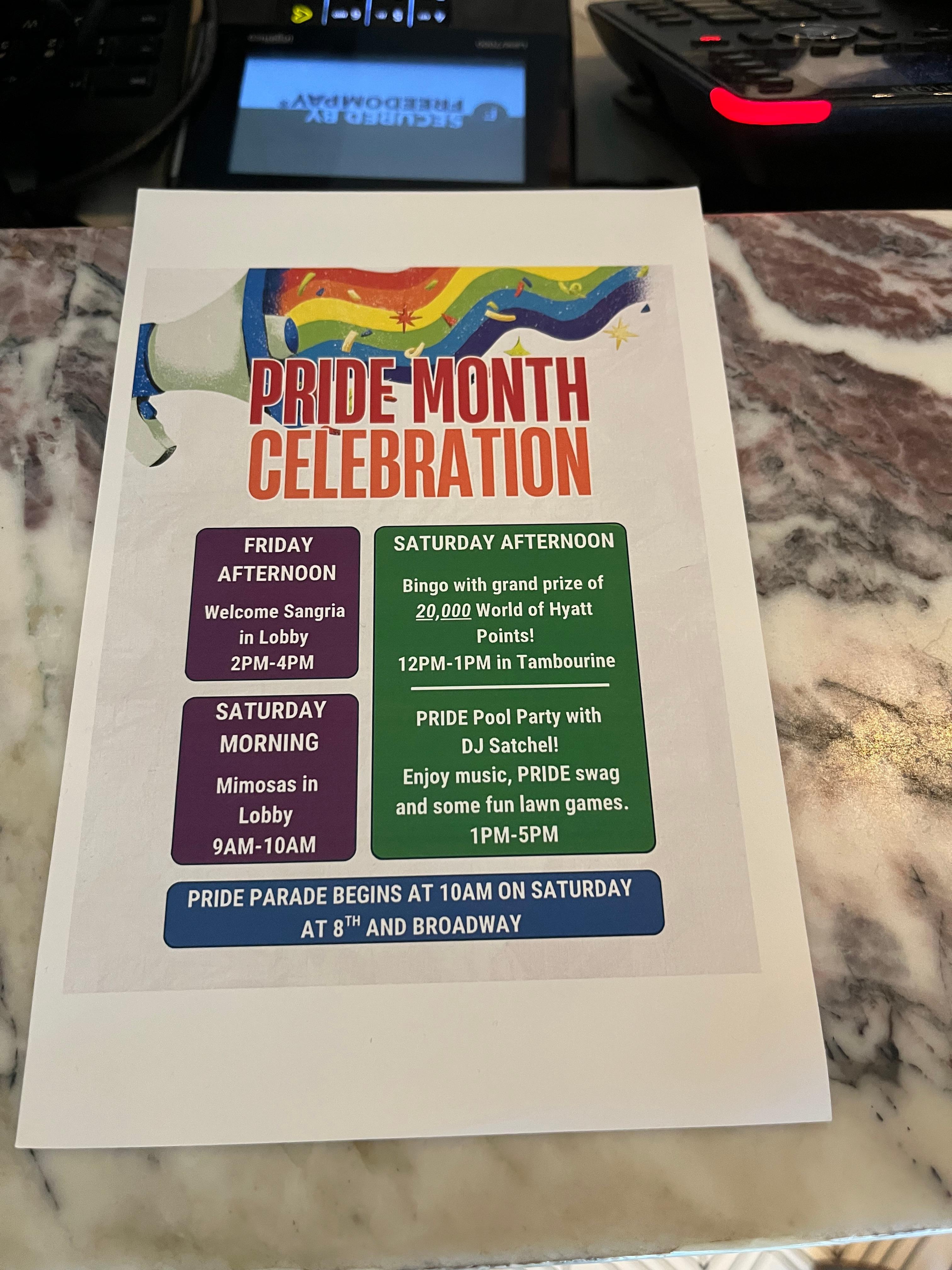 Heavy on the gay pride stuff unfortunately there was a pride parade that weekend but still went there for a family vacation lets not decorate the lobby like a 7 year old girls room.
