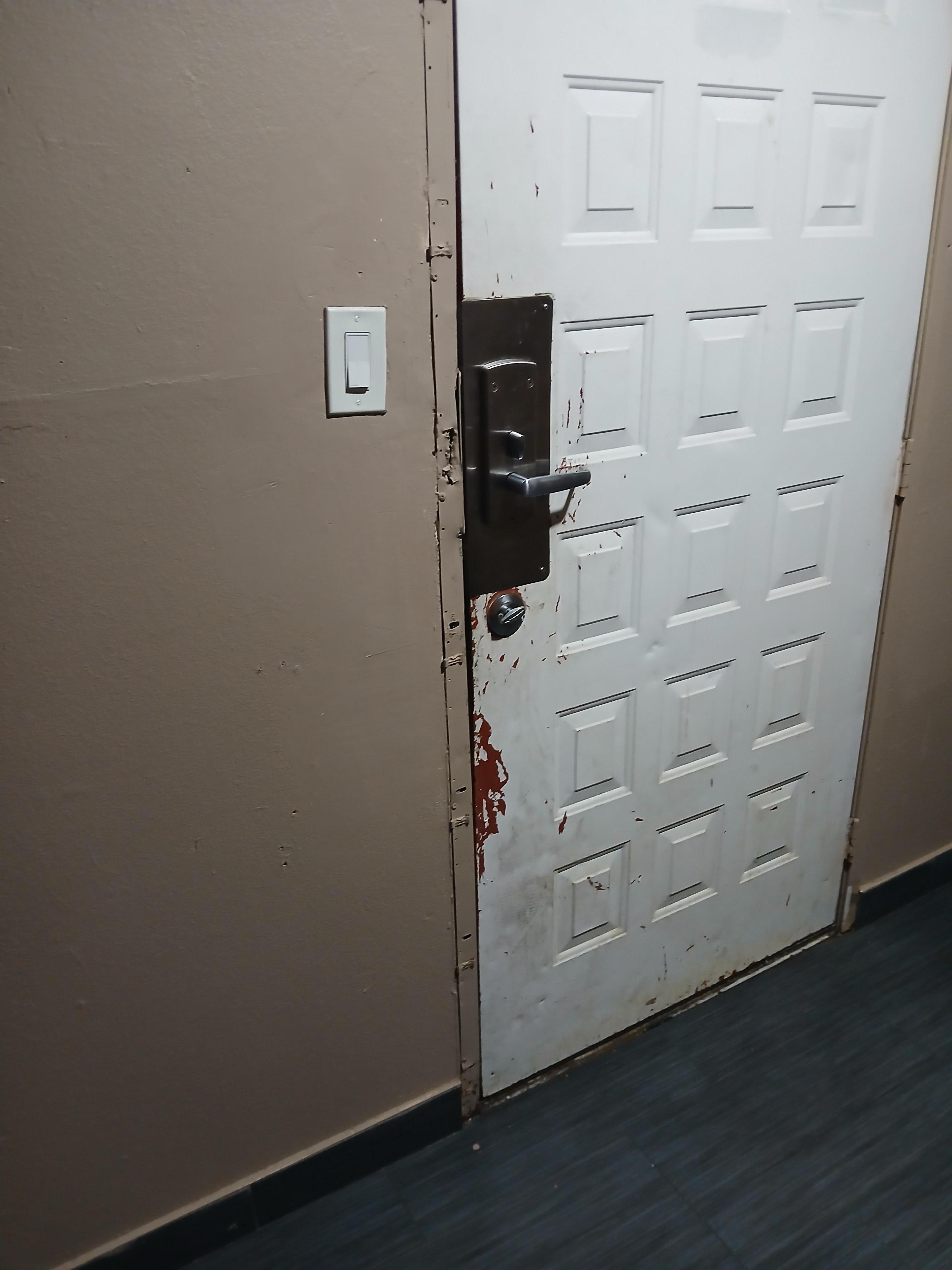 The door to the room repaird several times.