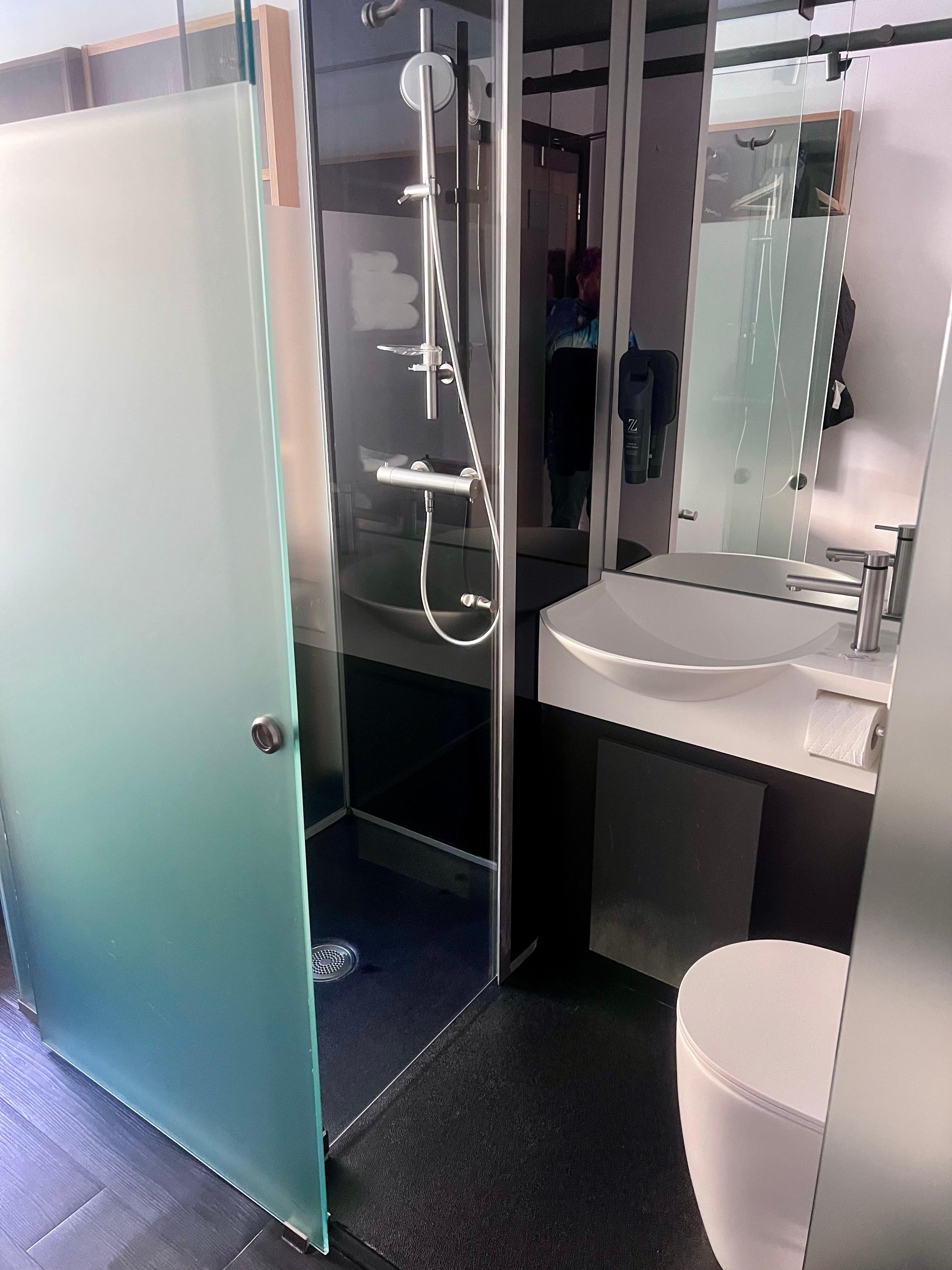 The toilet and shower.