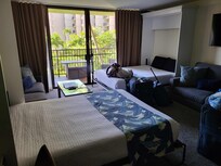 Main room with 2 murphy beds and 2 pull-out couches. View from lanai is the garden in front of the pool area.