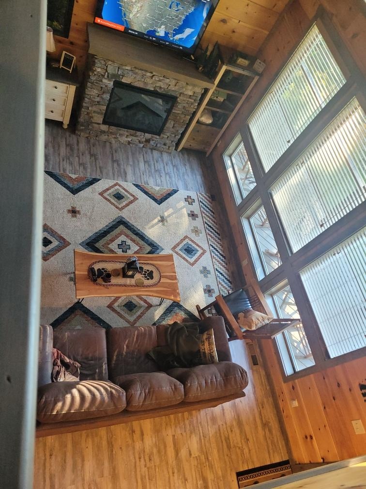 View of living room from second floor balcony