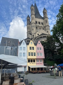 Colorful buildings near Rhine River.