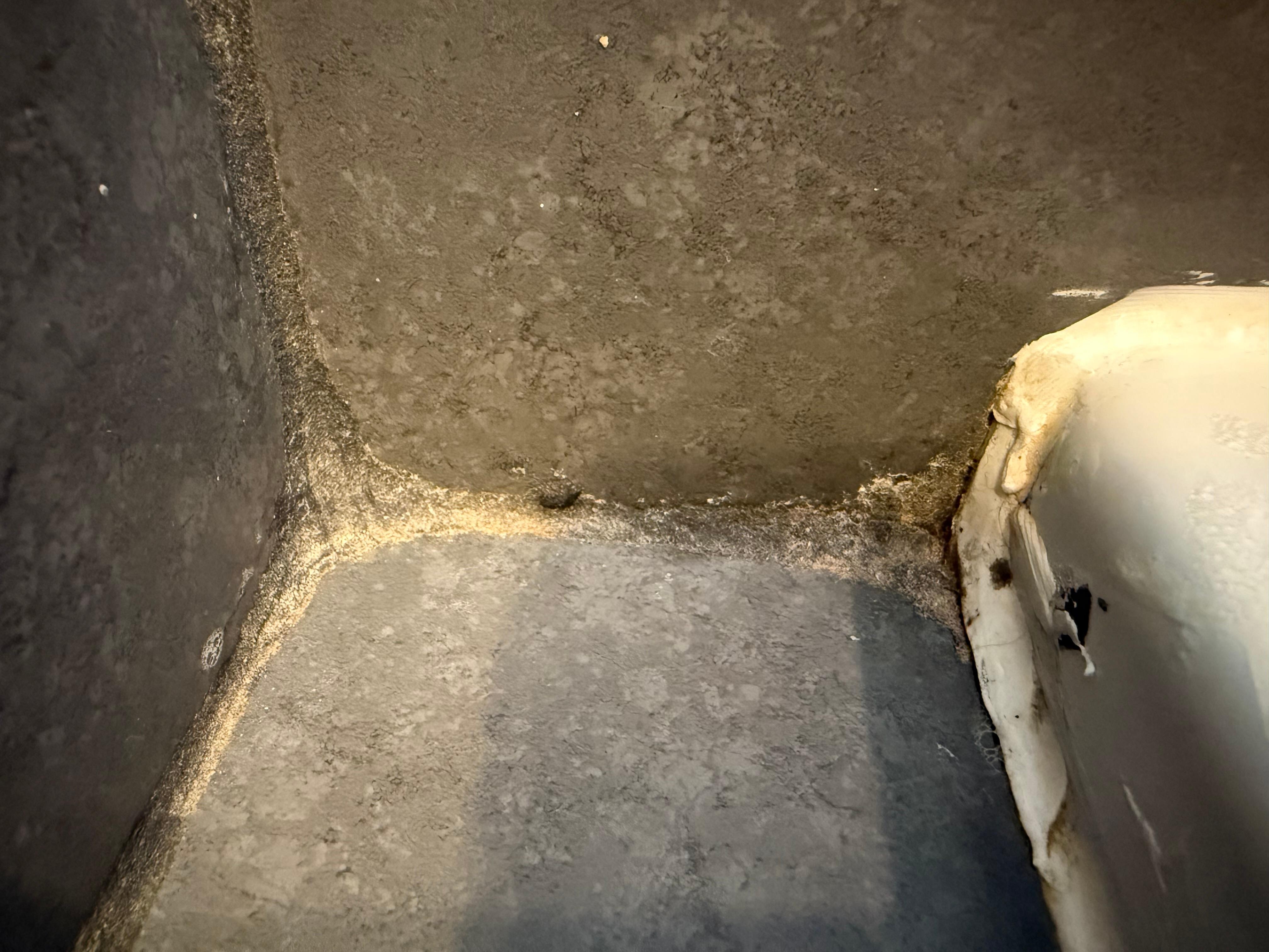 Dirt in the corner of the bathtub rim.