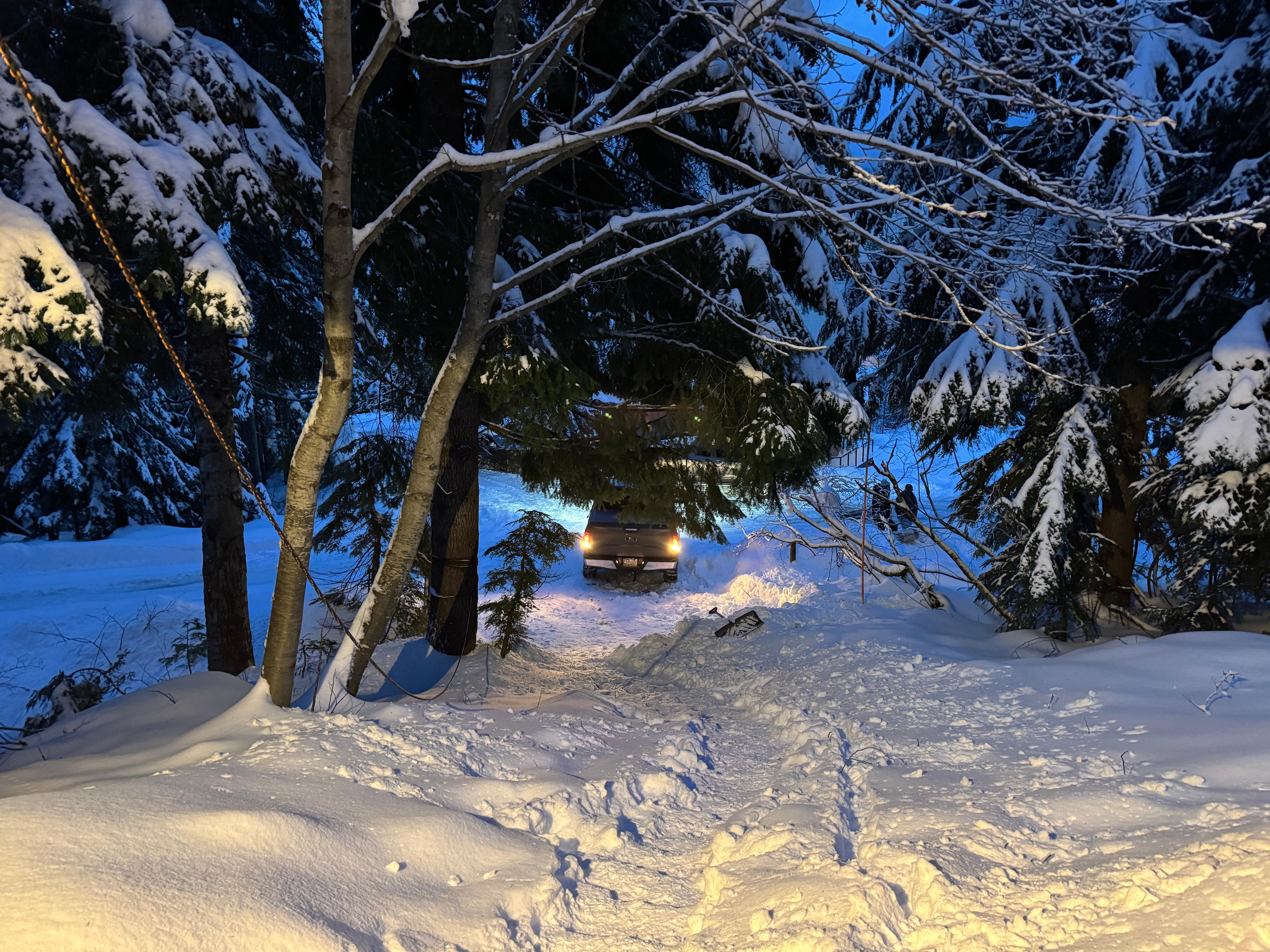 Vehicle is in the driveway. Photo taken at the rear door (main entrance) under the deck. 