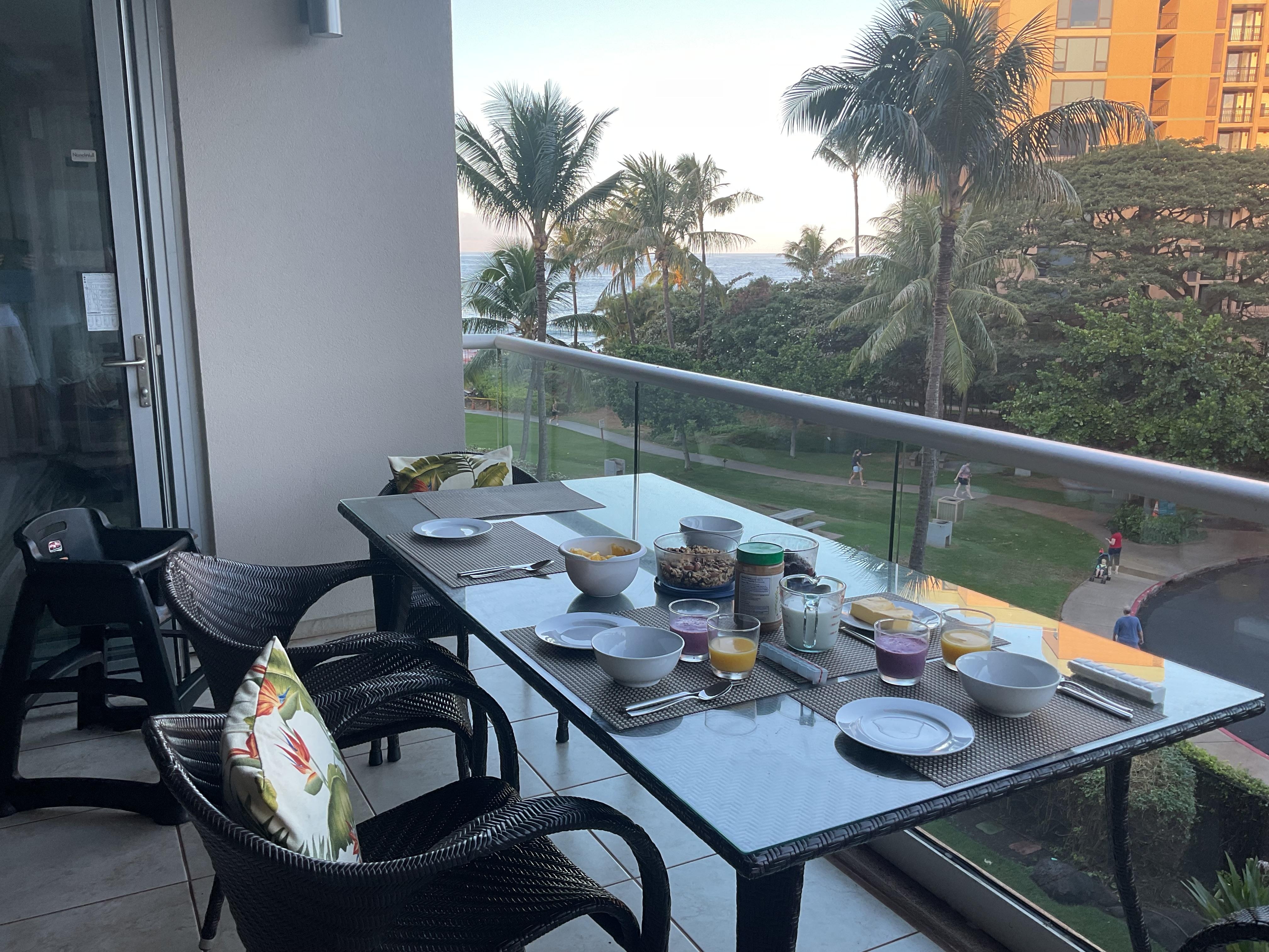 The wonderful lanai with such a pretty view over the garden to the ocean.