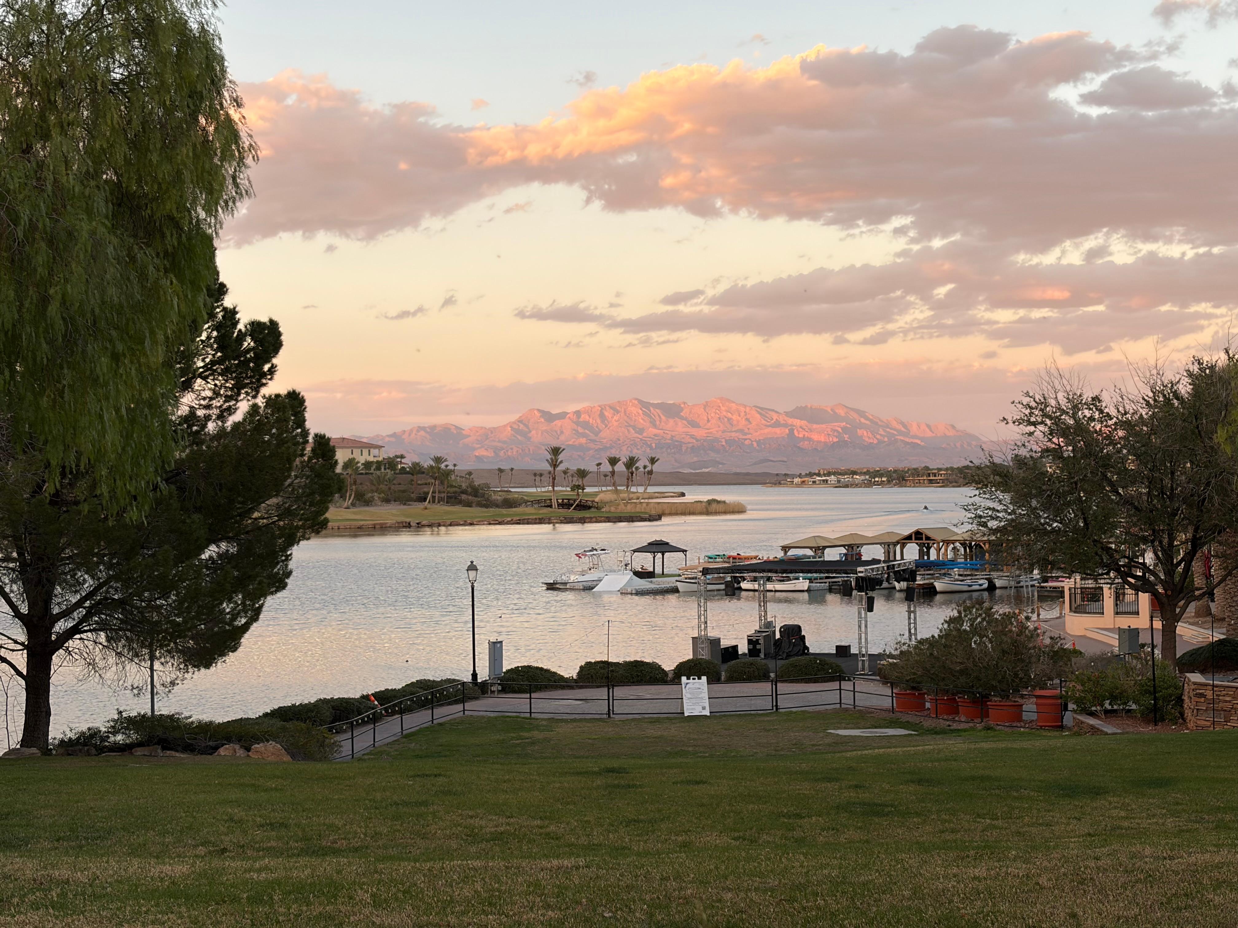 View from the court yard out to the lake. 