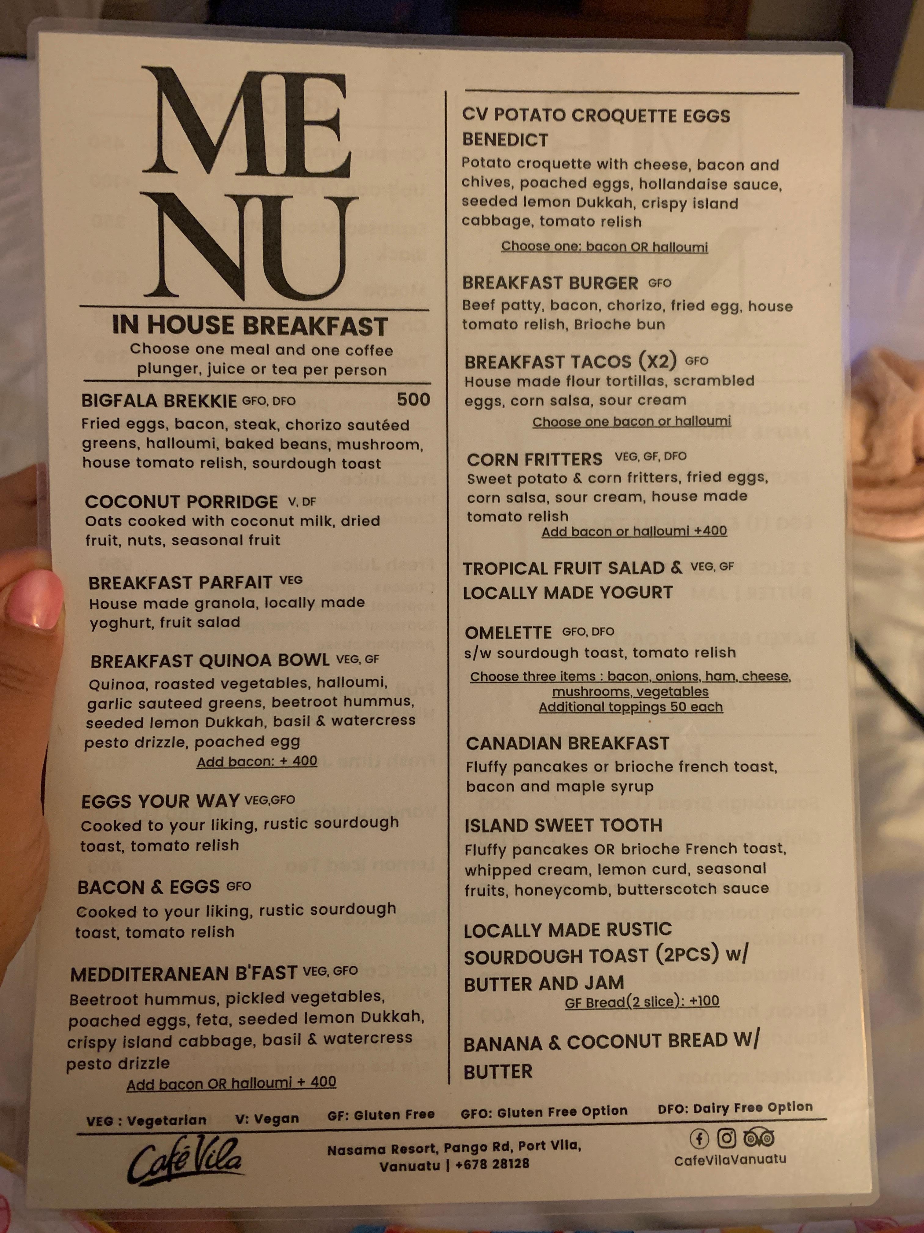 Breakfast menu