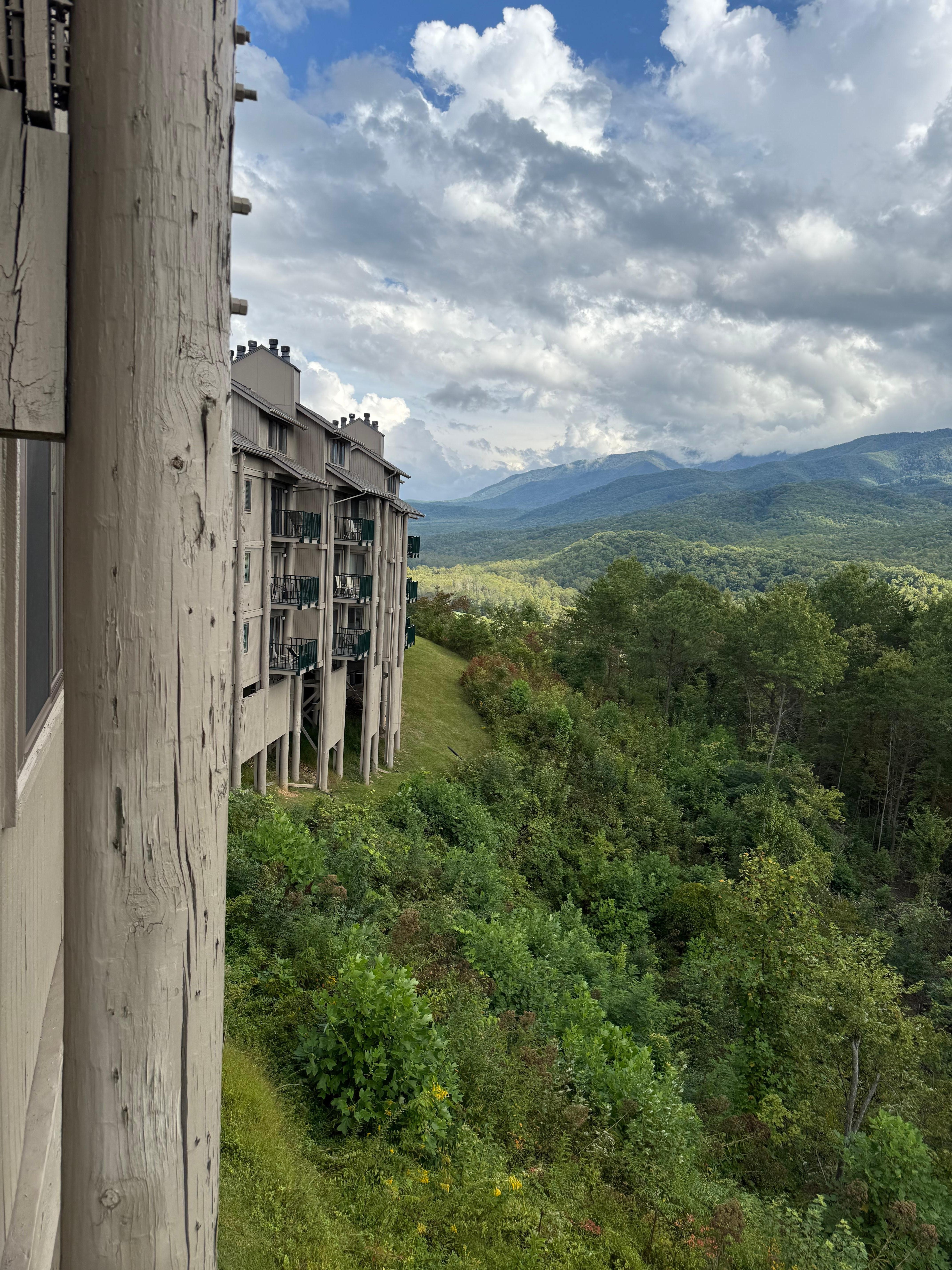 From the balcony, side view of building.
