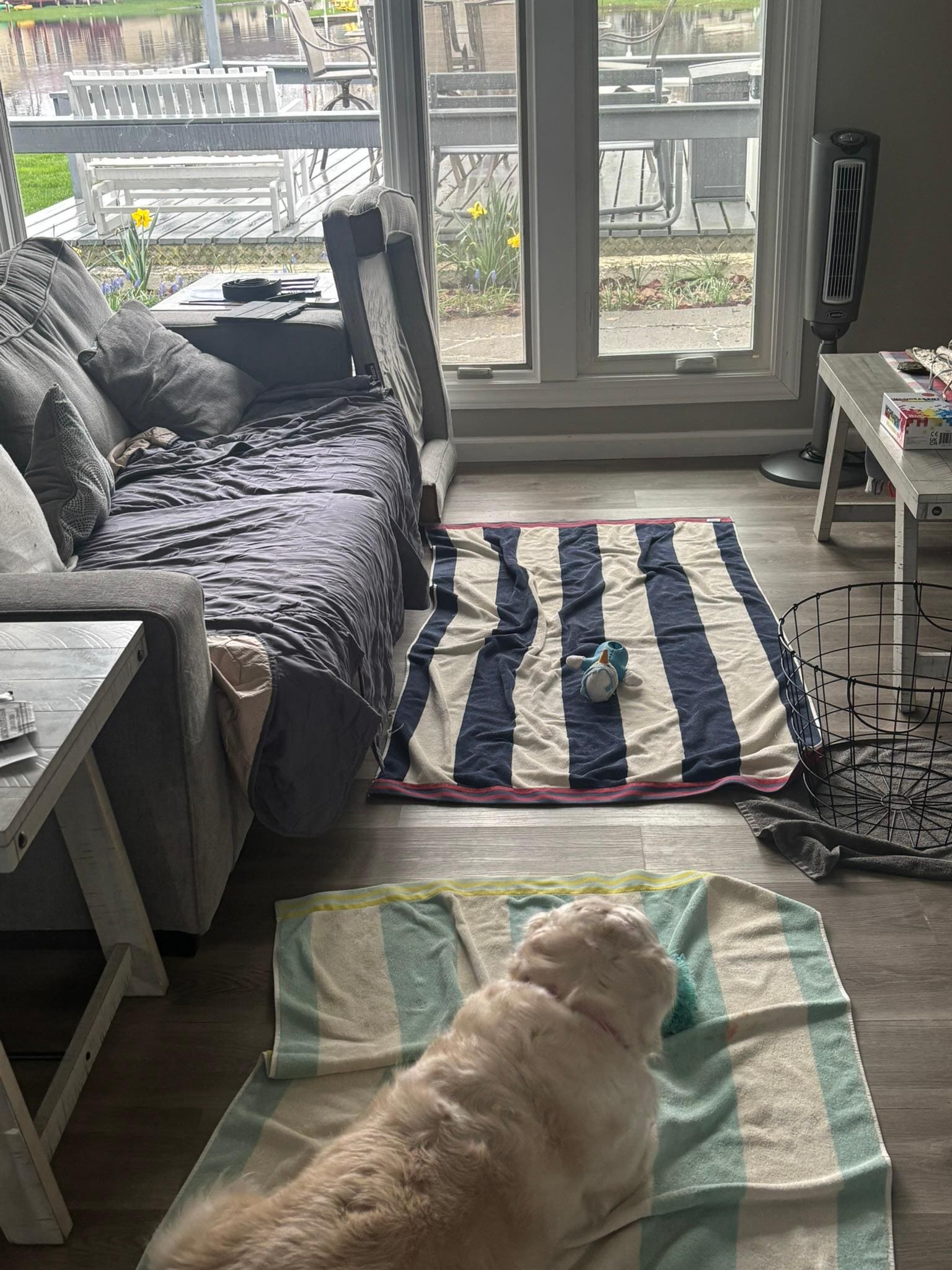 Rotating towels could not keep up with water seeping up under floor boards.