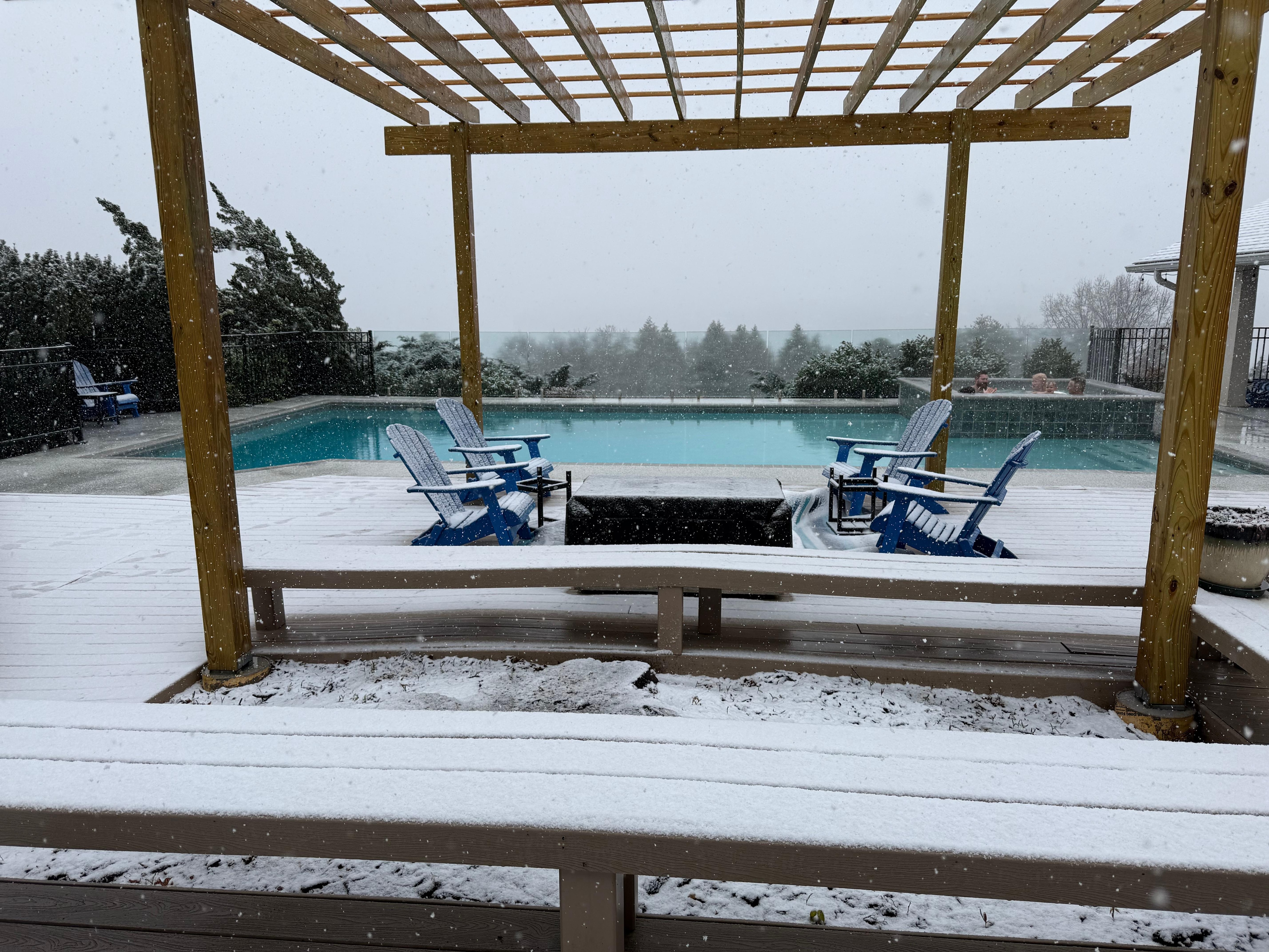 Pool View looking at Lake and Mountains during snow.