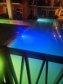 A view of an area of the pool at night.