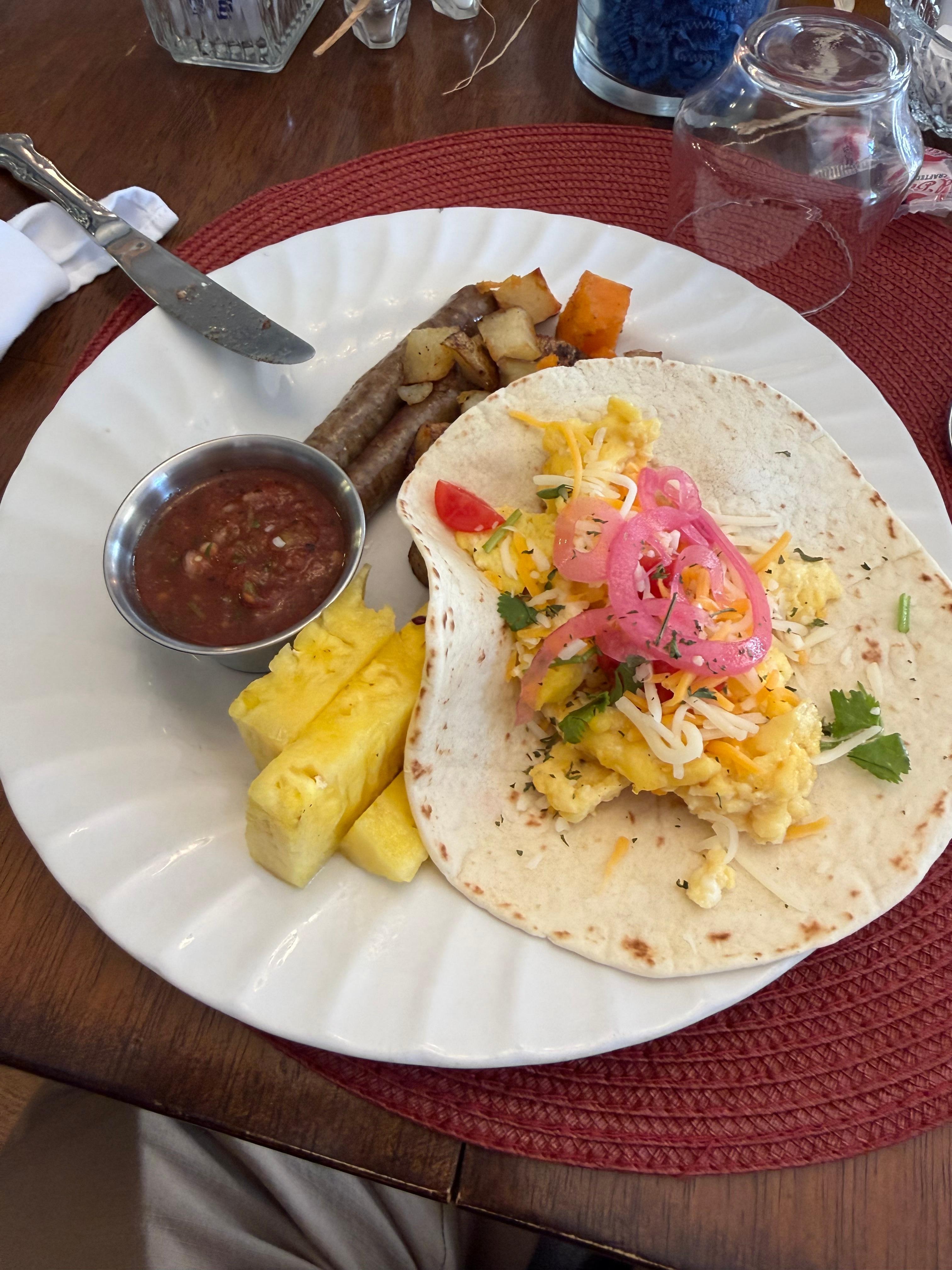 One of three breakfasts. You can barely see the potatoes, but they were so tasty! All three meals were fantastic!