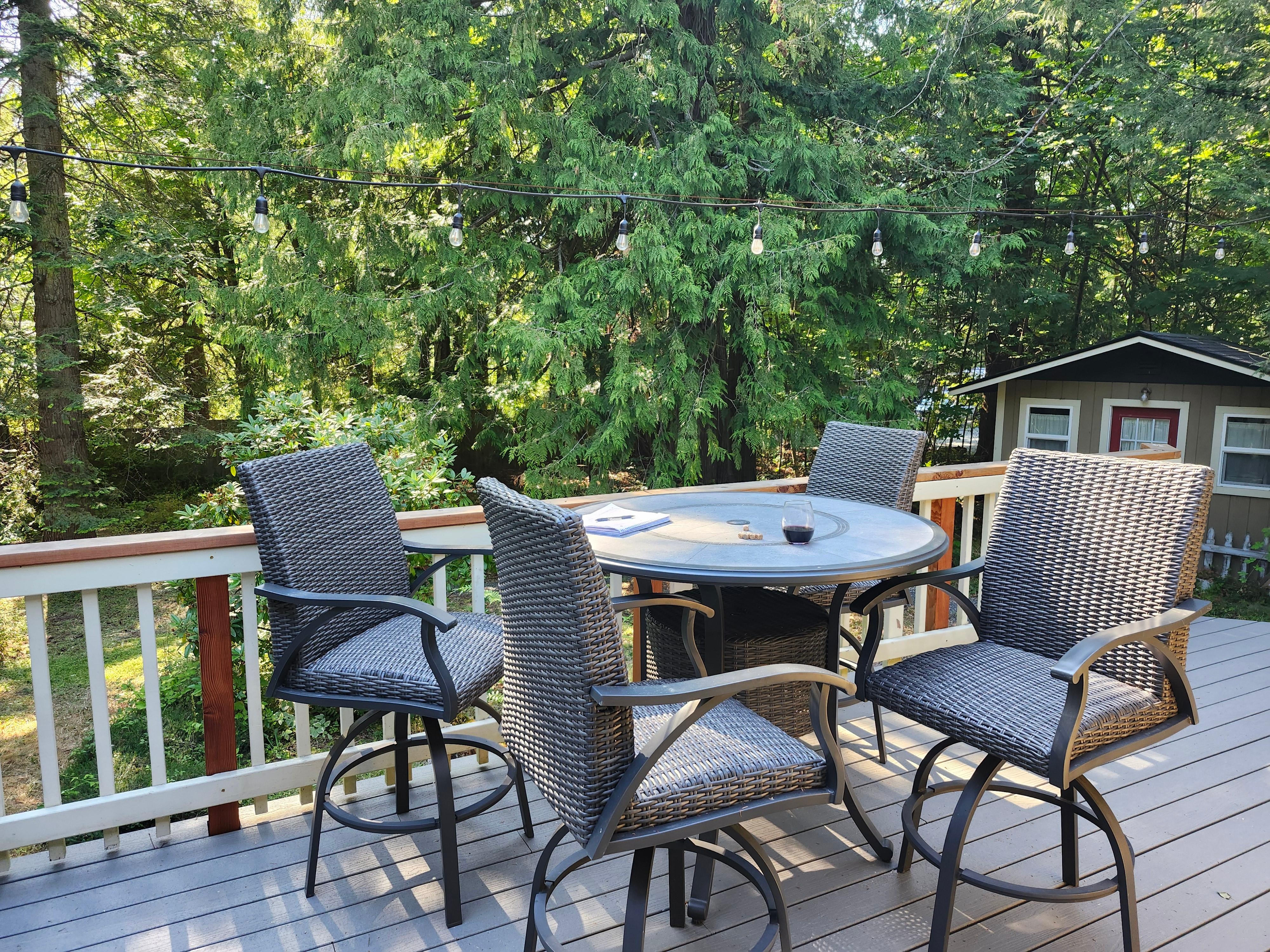 Our nightly game table under the lights on the back deck