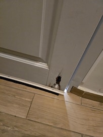 Hull nederst i inngangsdøren. Rommet var I første etasje ut mot bakgård...