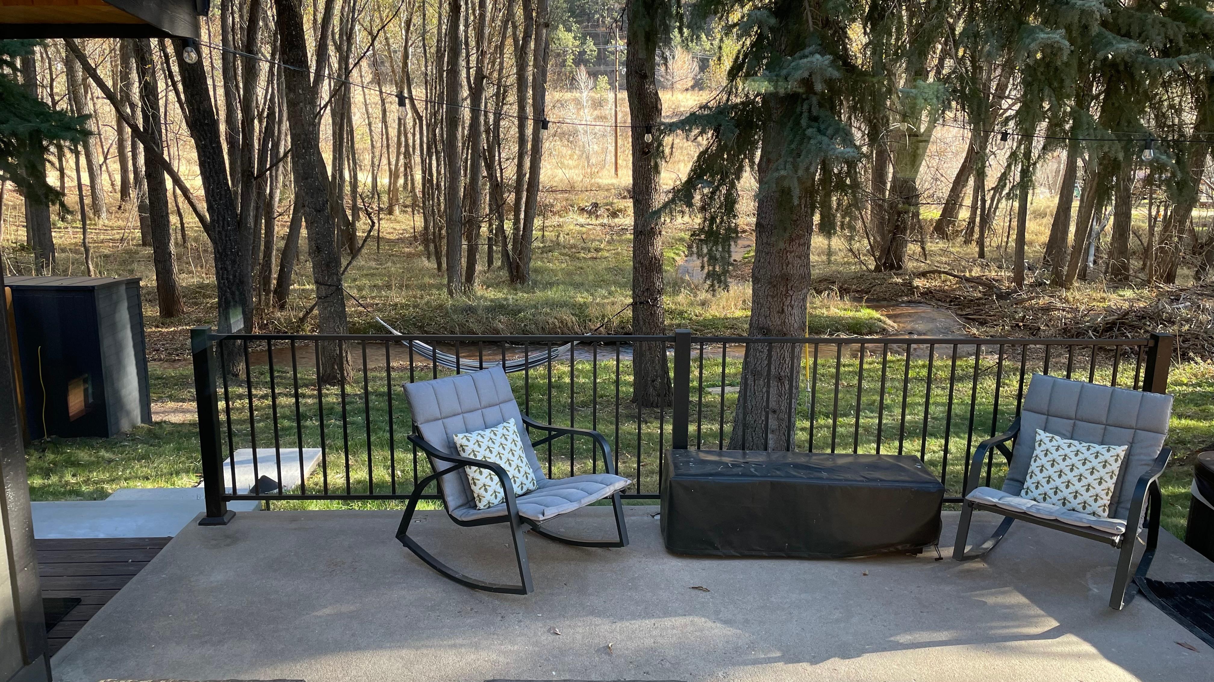 From the sliding door in back.