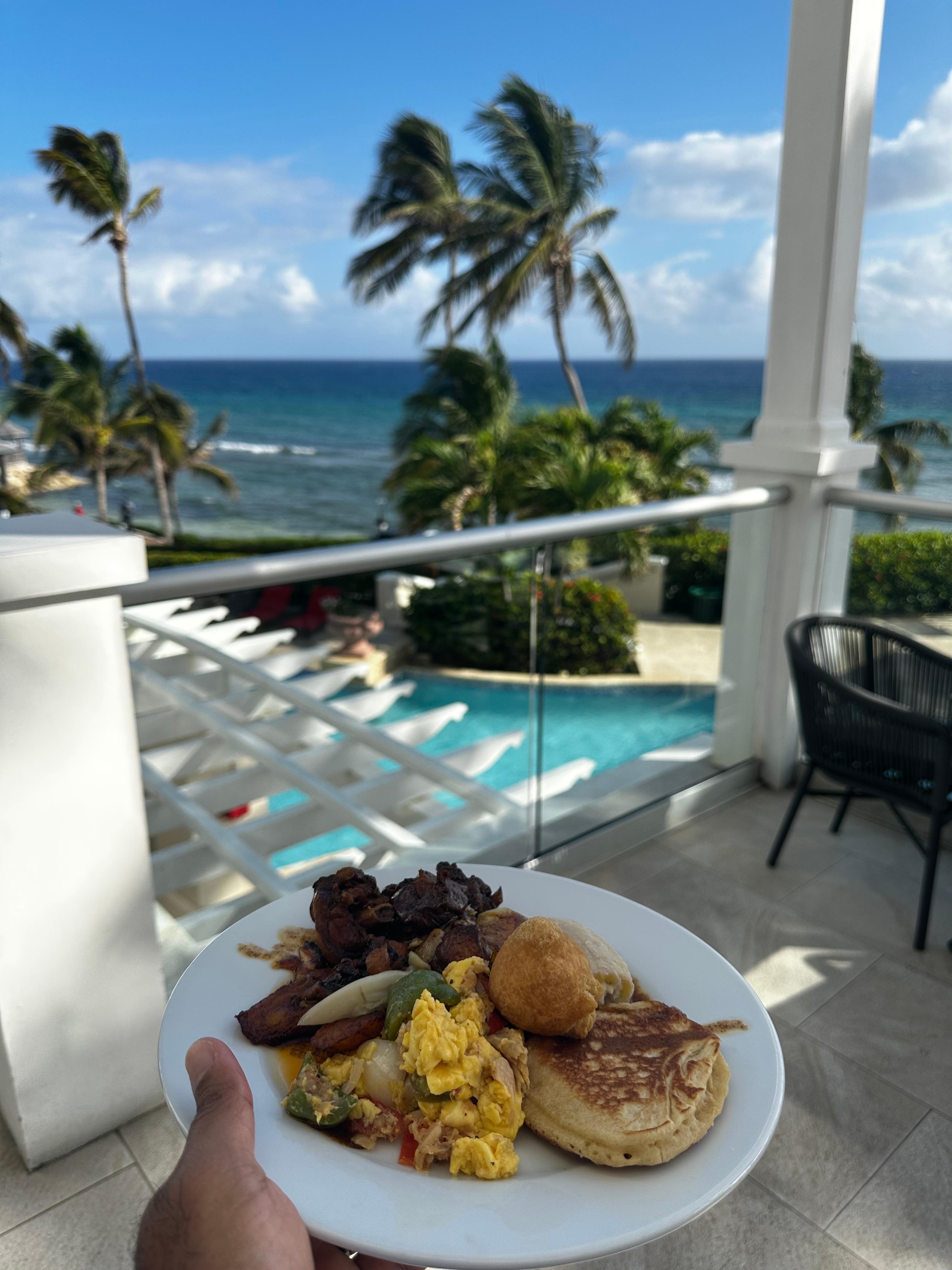 Jamaican style breakfast buffet with a view