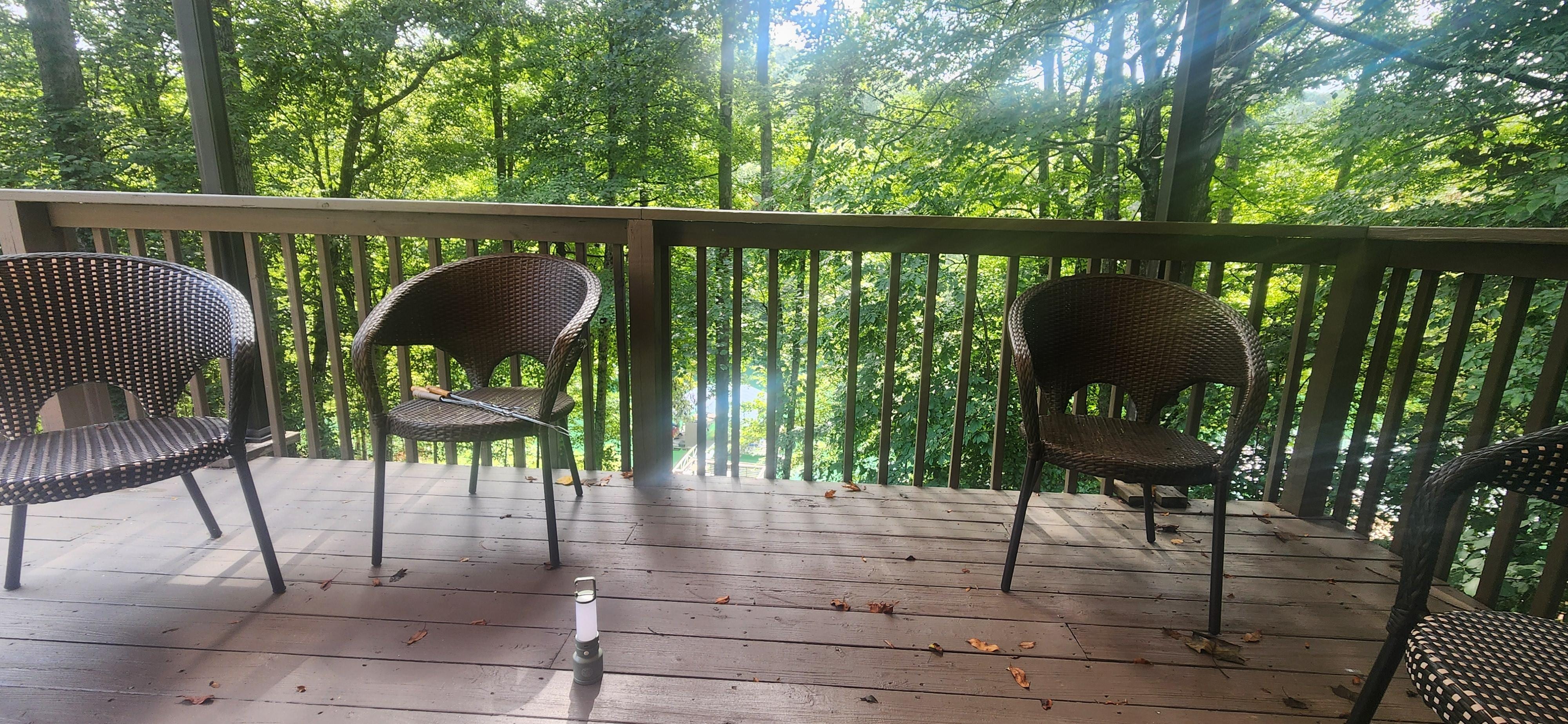 2 large decks. Lower deck has cornhole boards just inside in lower level hallway. Bring your own bags