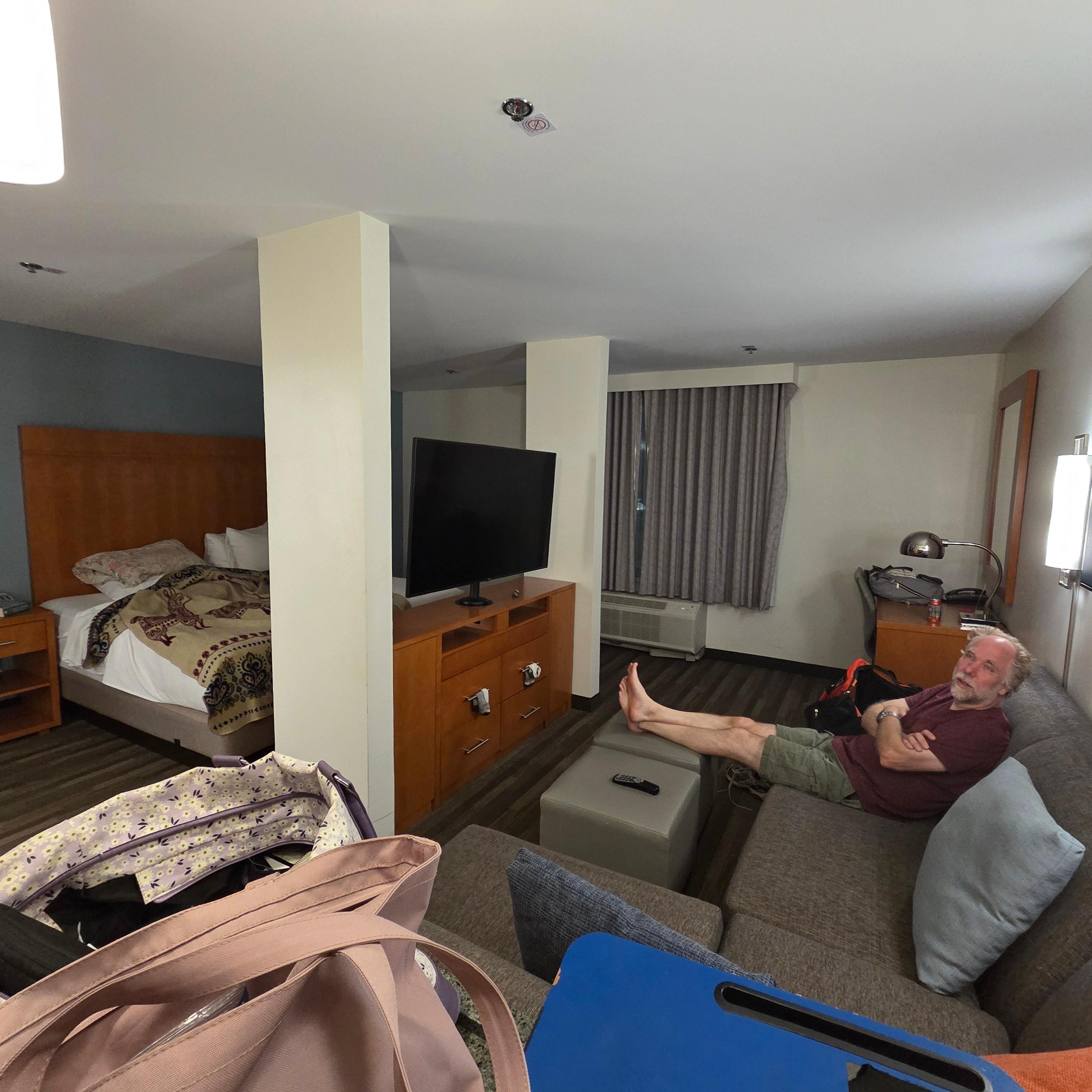 Nice touch that the TV can rotate around for couch or bed viewing. There was no guide for the TV though to tell us what was on or what channels we could get. 